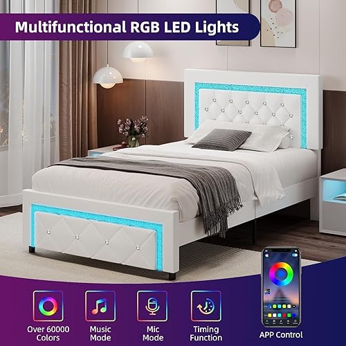 Miniatura 5 de Base de cama individual con luces LED, plataforma tapizada con cabecera capitonada de diamante, no necesita somier, sin ruido, fácil montaje, color