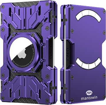 Minimalist Mens Wallet RFID Blocking - Slim Metal Wallet With Airtag Holder - Compact Credit Card Holder Mini Size, Metal, Carbon Fiber Purple