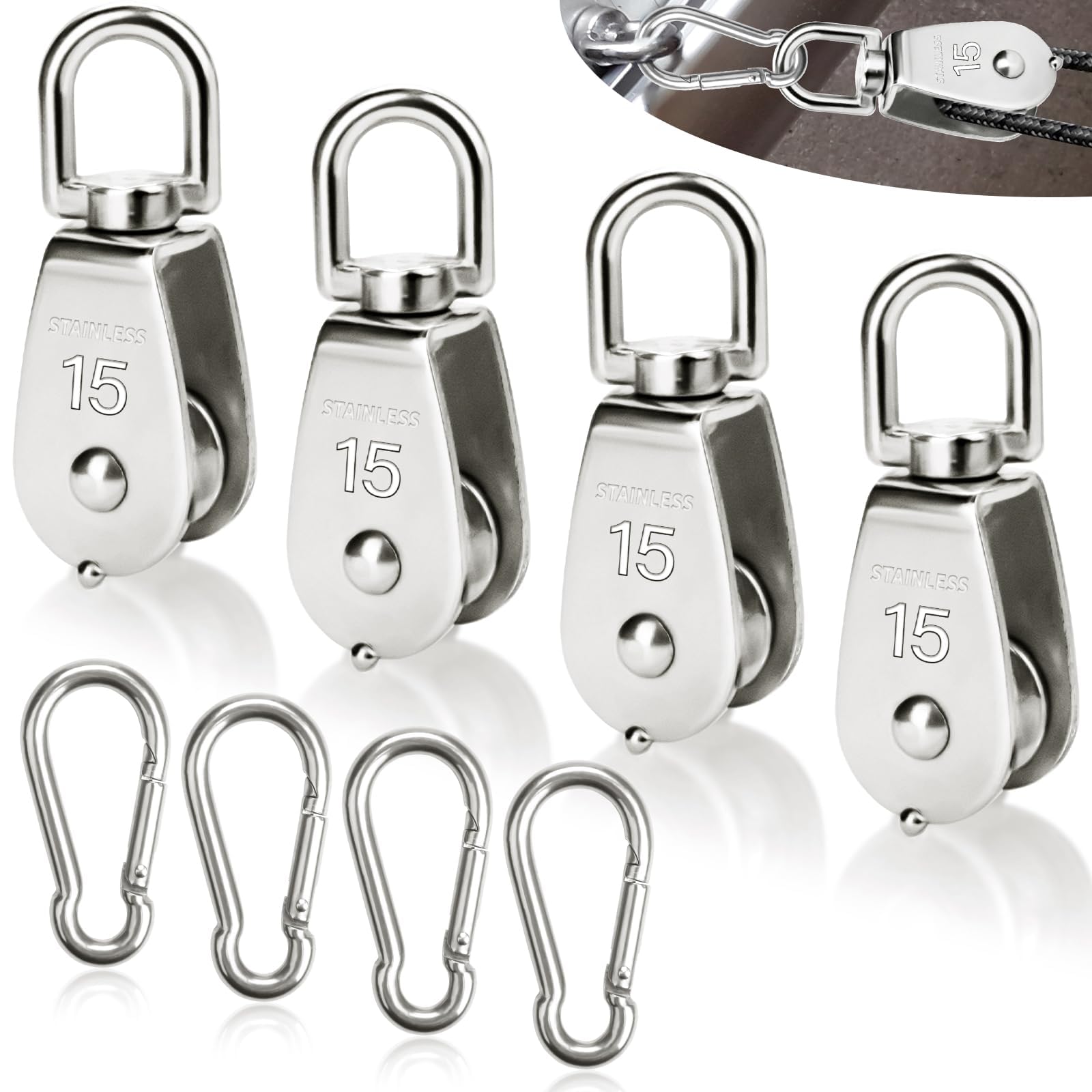 Produktbild von M15 Umlenkrolle Set – 4x Edelstahl Flaschenzug + 4x Karabiner M4, Tragkraft 35 Kg – Für Seile, Camping, Angeln & Co.