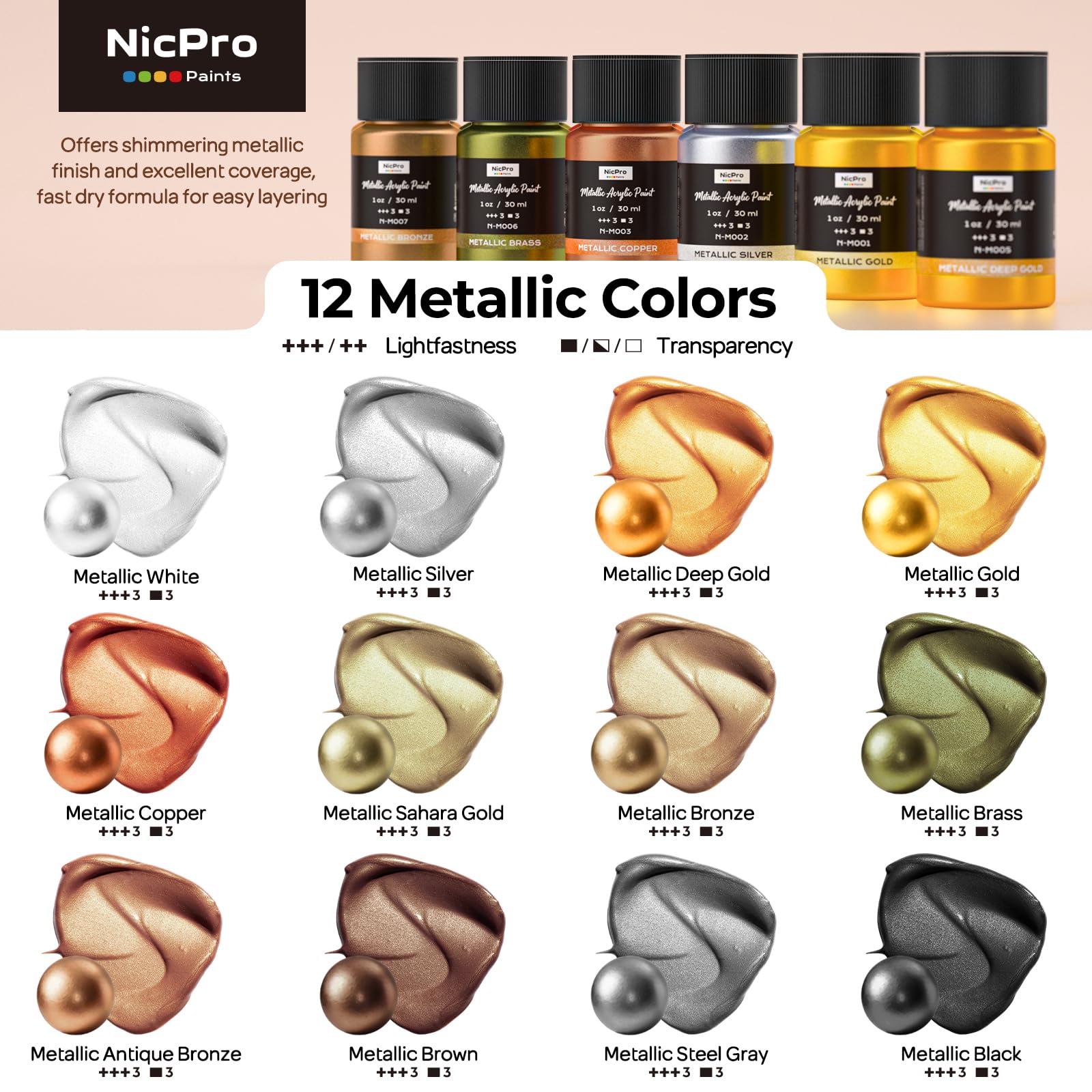 Nicpro Peinture Acrylique Métallisée 12 Couleurs X 30 ml, Non Toxique, Brillance Métallique Résistante À La Lumière, Peinture Acrylique pour Tous Types De Surfaces : Toile, Bois, Argile Et Métal