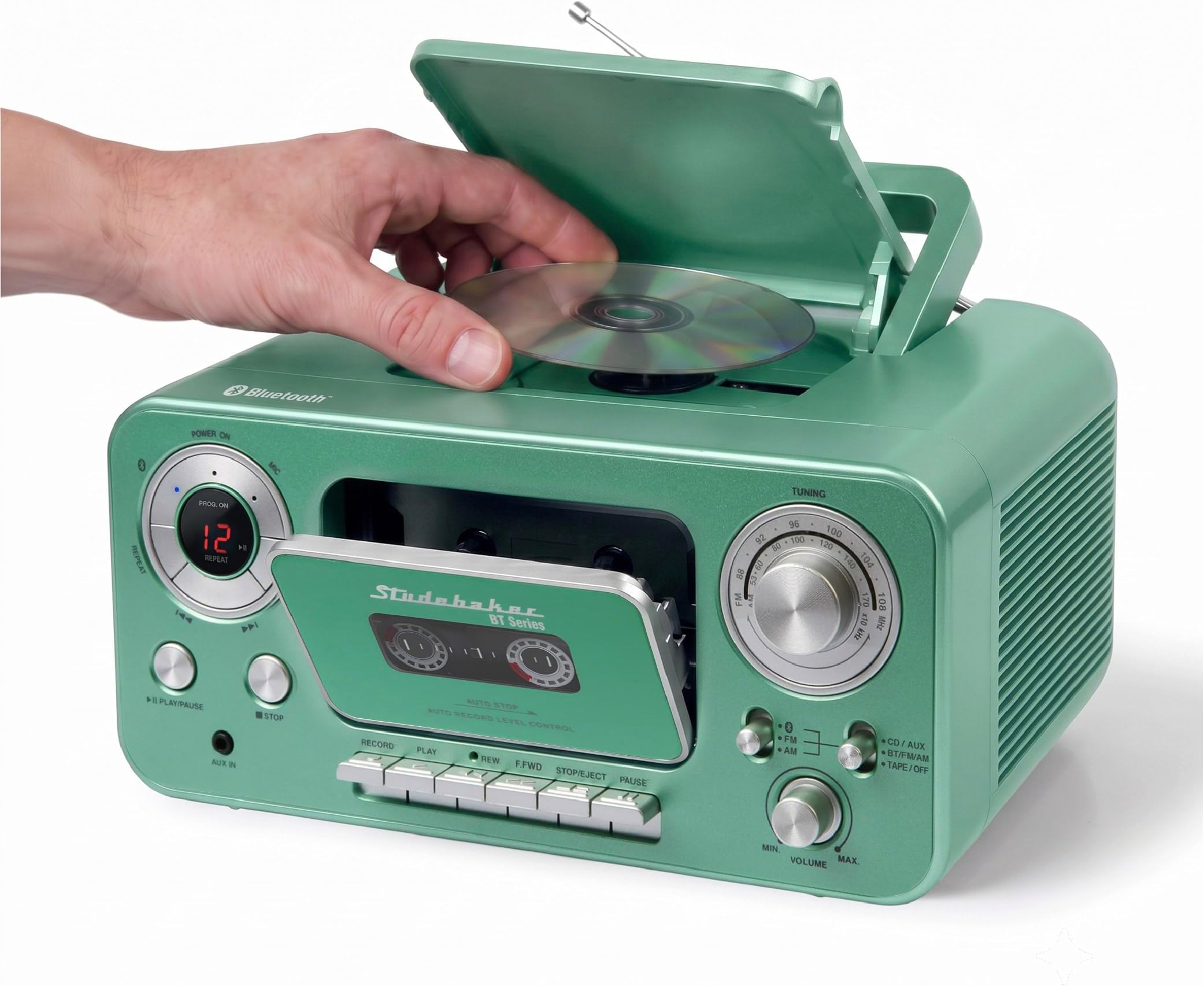 Studebaker Portable CD Player with Bluetooth, AM/FM Stereo Radio & Cassette Player/Recorder with Aux-in and AC/DC Power - Teal & Silver