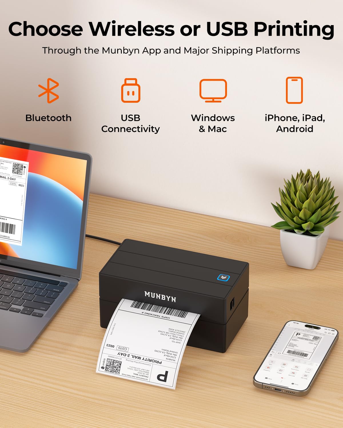 MUNBYN DHL Etikettendrucker Bluetooth, Label Printer 4x6 Versandetiketten Drucker, Thermodrucker Labeldrucker für Shopify, Etsy, DHL, DPD, GLS, UPS, mit 25 Etiketten, Ohne Tinte, 130B Schwarz