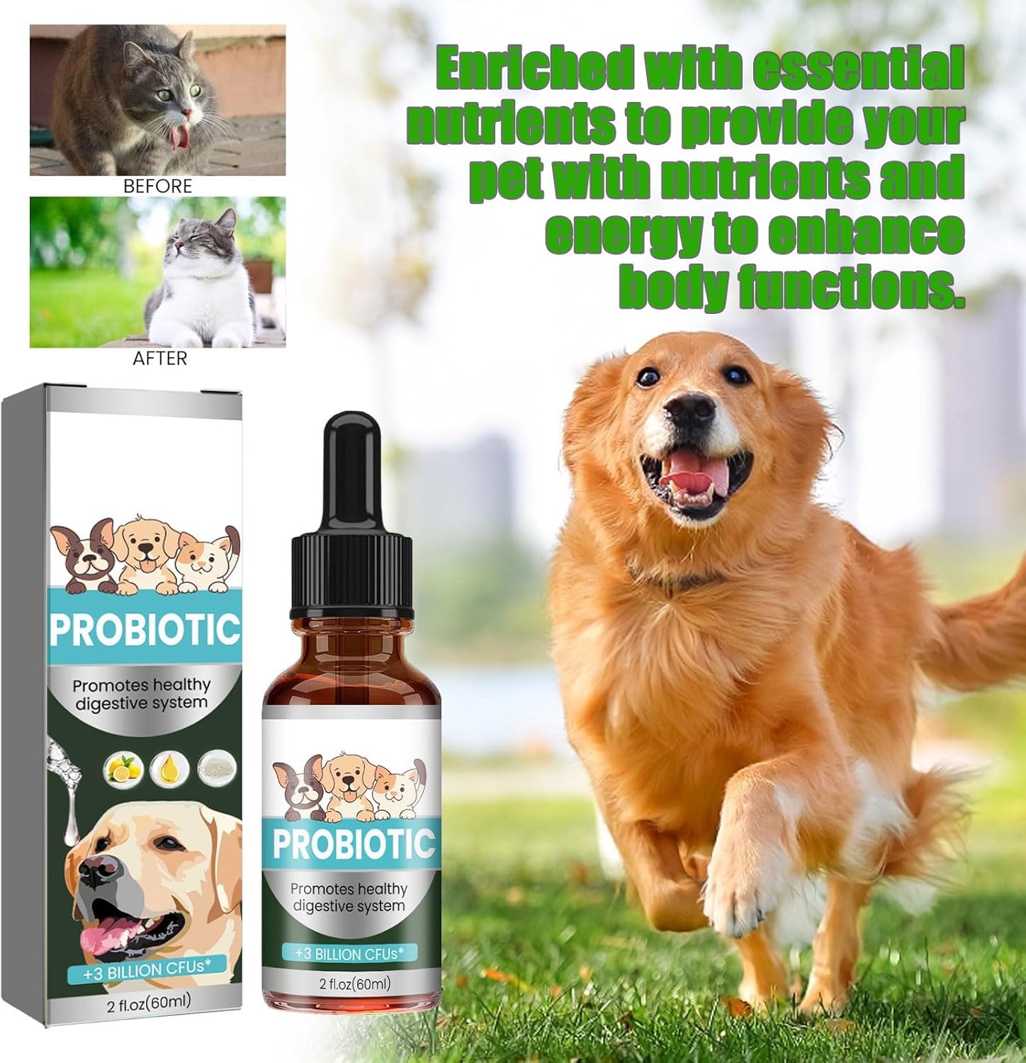 Antibiotiques pour Chats,Soulagement De Constipation pour Chats,Soulagement en Douceur De Constipation chez Les,Probiotiques Chien Chat 60ML,Dog Probiotics,Probiotiques Chien Démangeaisons