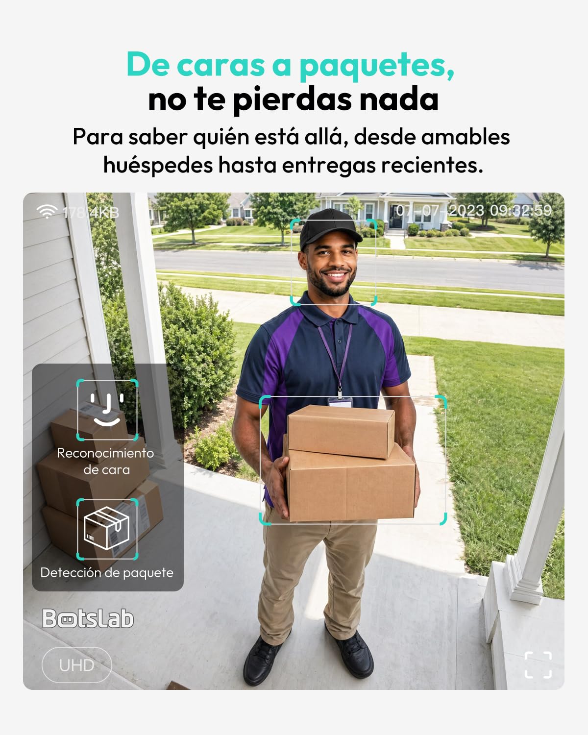 BOTSLAB Timbre inalámbrico Exterior Impermeable 2K con Panel Solar | Timbre de vídeo de alimentación continua con vista, cabezal y pies 1:1, audio bidireccional, detección humana, WiFi 2,4 GHz