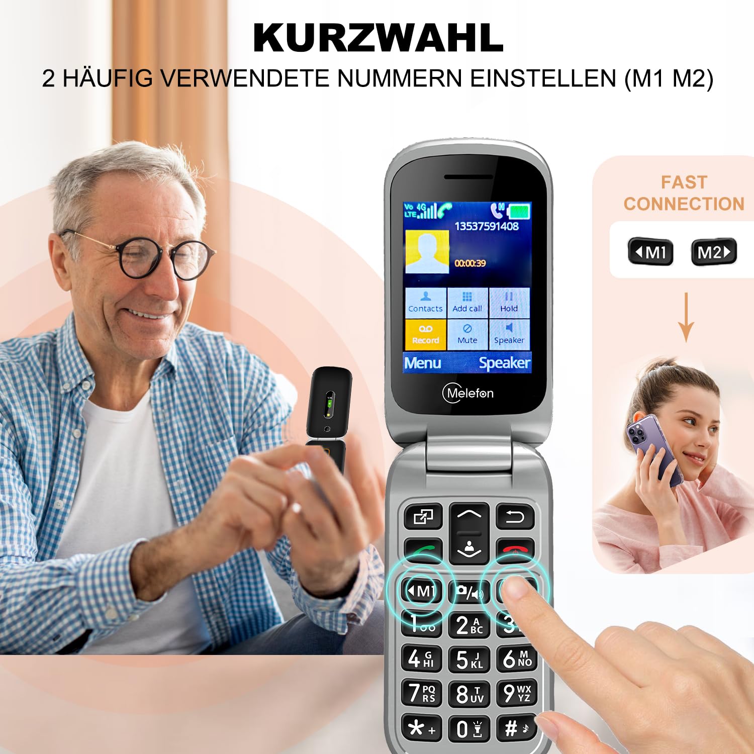 4G Seniorenhandy ohne Vertrag, SOS-Notruftaste, Großen Tasten, 2,4 Zoll Farbdisplay, Große Schrift und Nummernanzeige, Klapphandy, Lange Akkulaufzeit mit Ladestation, Einfach zu bedienen