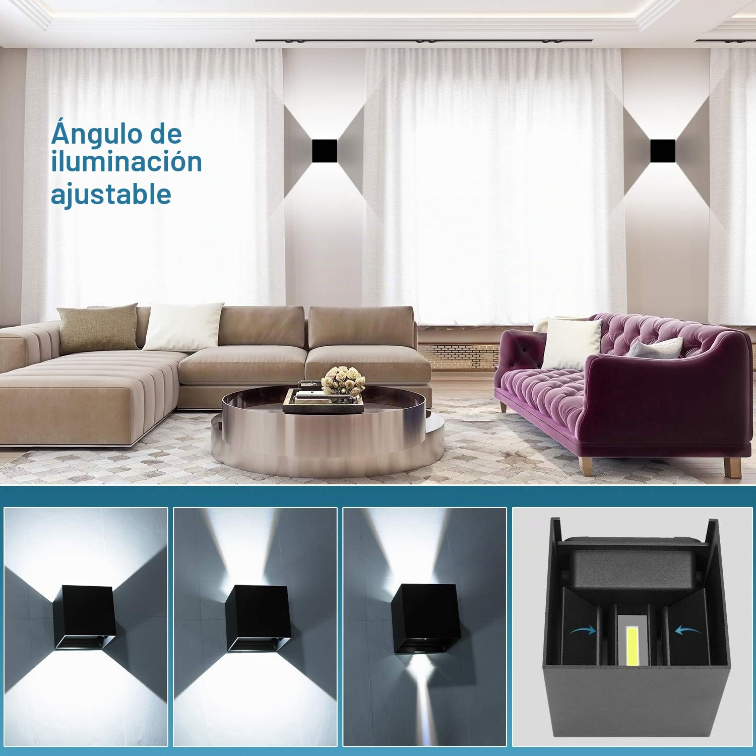 LEDMO 4 Piezas 12W Aplique de pared LED Blanco Frio 6000K, Lámpara de pared Interior/Exterior, 1000lm Negro lampara de pared IP65 Impermeable