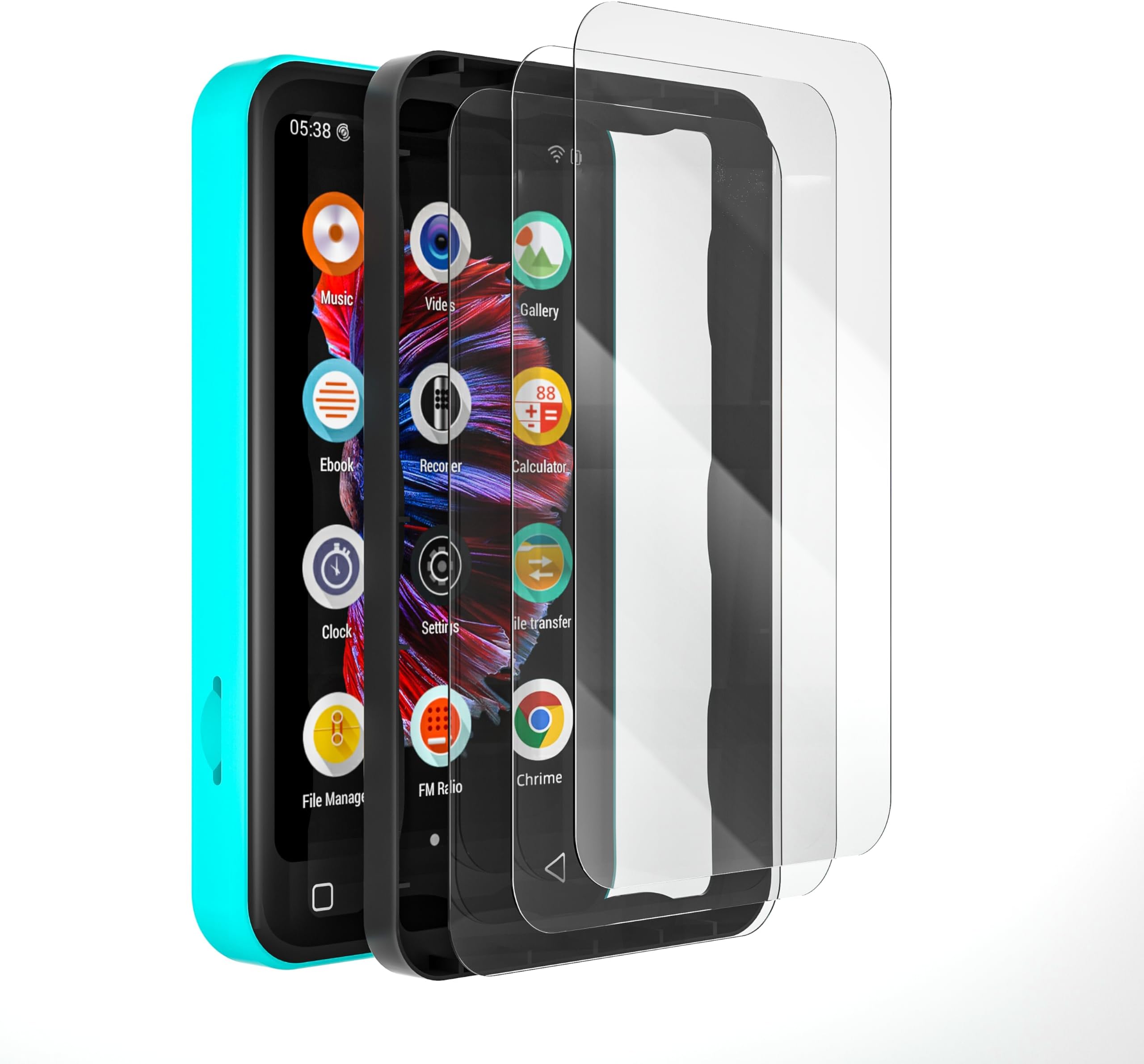 TIMMKOO 3 Pack Screen Protector Q3E and Q5 Q8 Mp3 Player, Anti-Scratch, HD Clear Tempered Glass Film with Easy Installation Frame