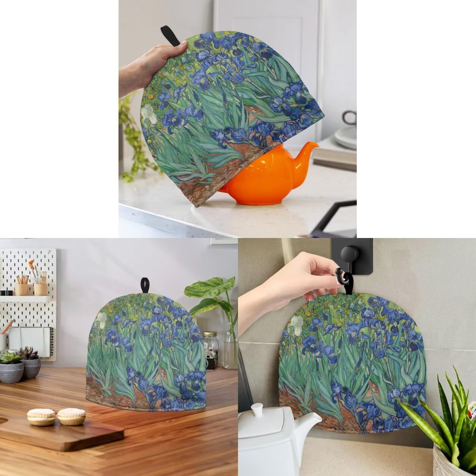 Drnuikhe Iris Oil Painting Tea Pot Cozy Cover Anti-Scald Coffee Pot Protector Cavcas Teapot Cover for Women Men Portable Teapot Dust Cover Insulating for Kitchen