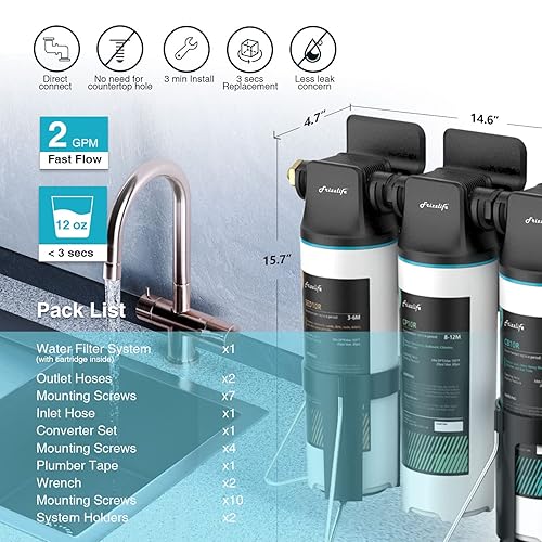 Miniatura 5 de Frizzlife Sistema de filtro de agua para debajo del fregadero TW10, elementos certificados NSFANSI 53 y 42, reduce el 99.99% de plomo, cloro,