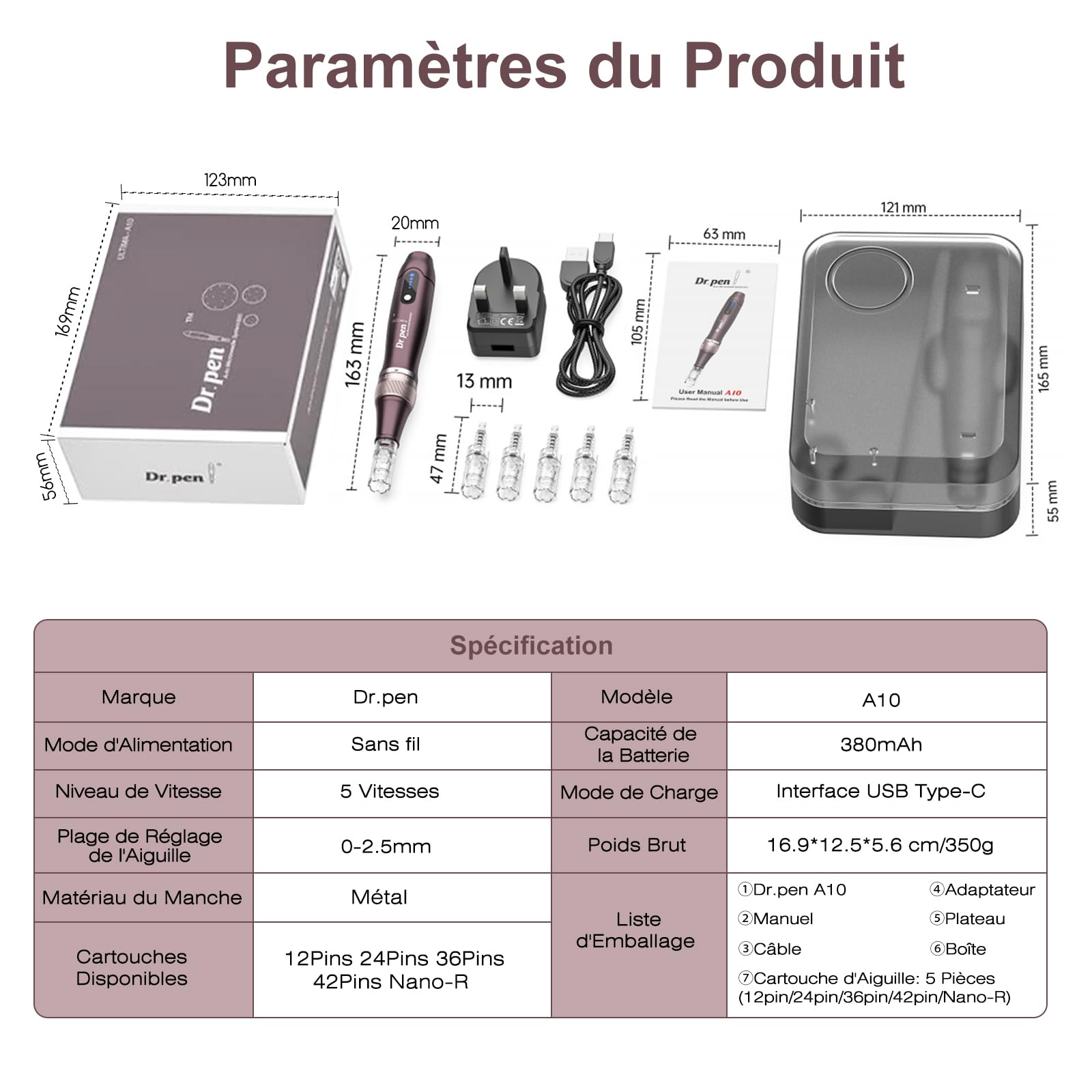 Dr.pen Ultima A10 Microneedling Pen - Dermapen Microneedling Professionnel Sans Fil Réglable pour le Visage, le Corps et la Croissance des Cheveux/Barbe avec 5 Cartouches - Meilleur Cadeau pour Femmes