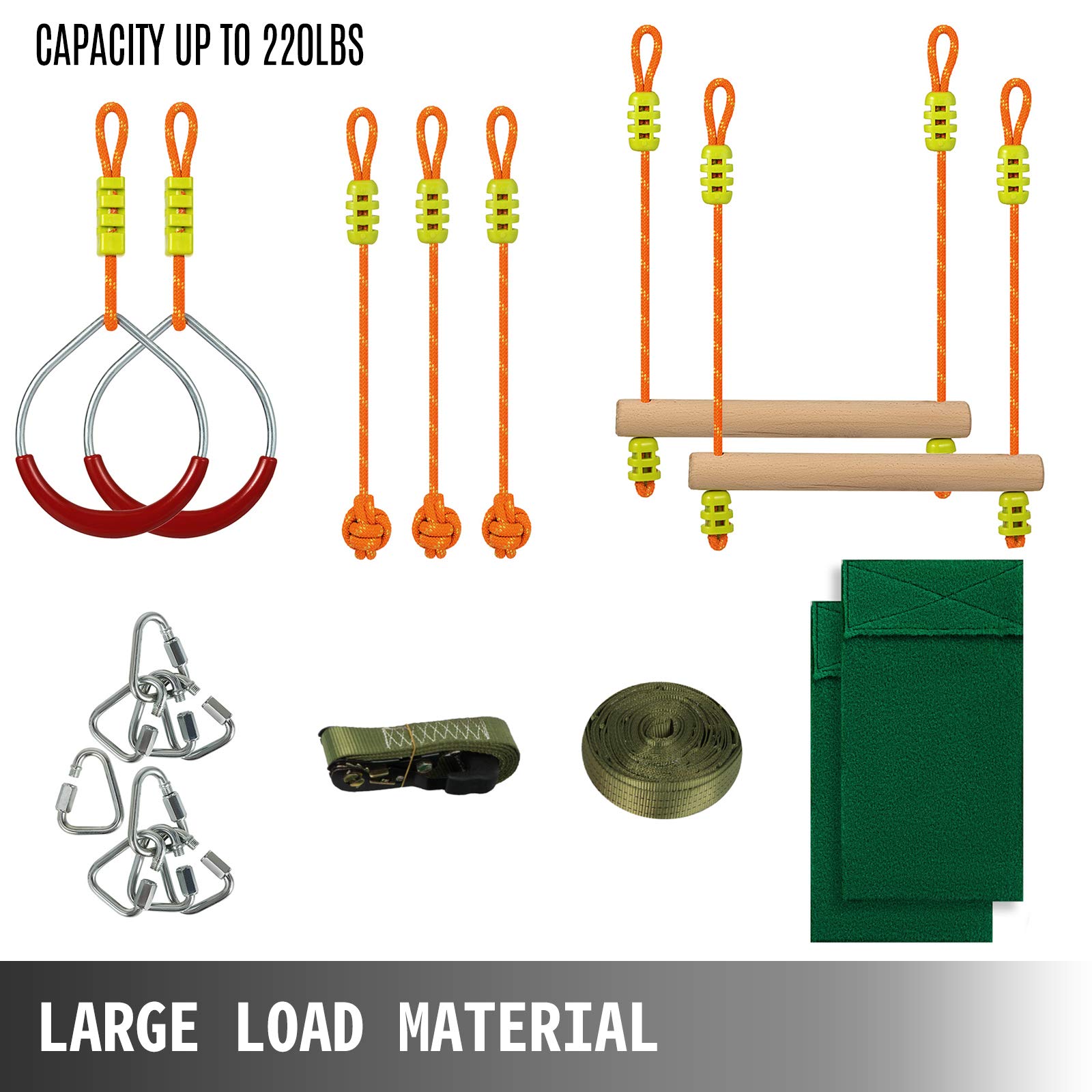 VEVOR Warrior Obstacle Course for Kids, 56FT Slackline with Gym Rings, Monkey Bars, Rope Knots, Portable Outdoor Course Training Equipment Set for Backyard