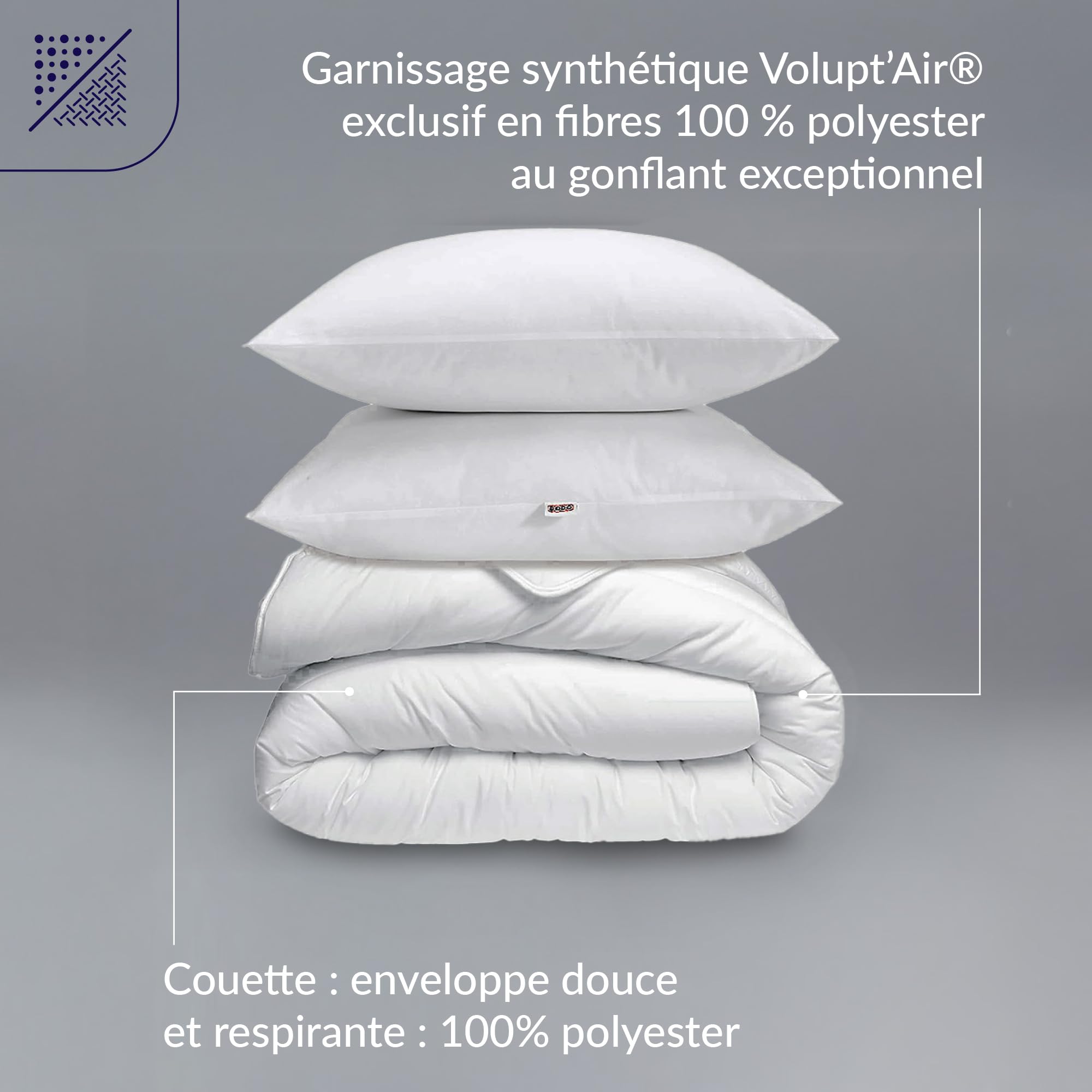 DODO - Pack Couette Tempérée 220x240 cm + 2 Oreillers 60x60 cm - Convient 2 Personnes - Tissu 100% Polyester - Garnissage Synthétique 100% Polyester Volupt'air - Lavable en Machine à 40°C