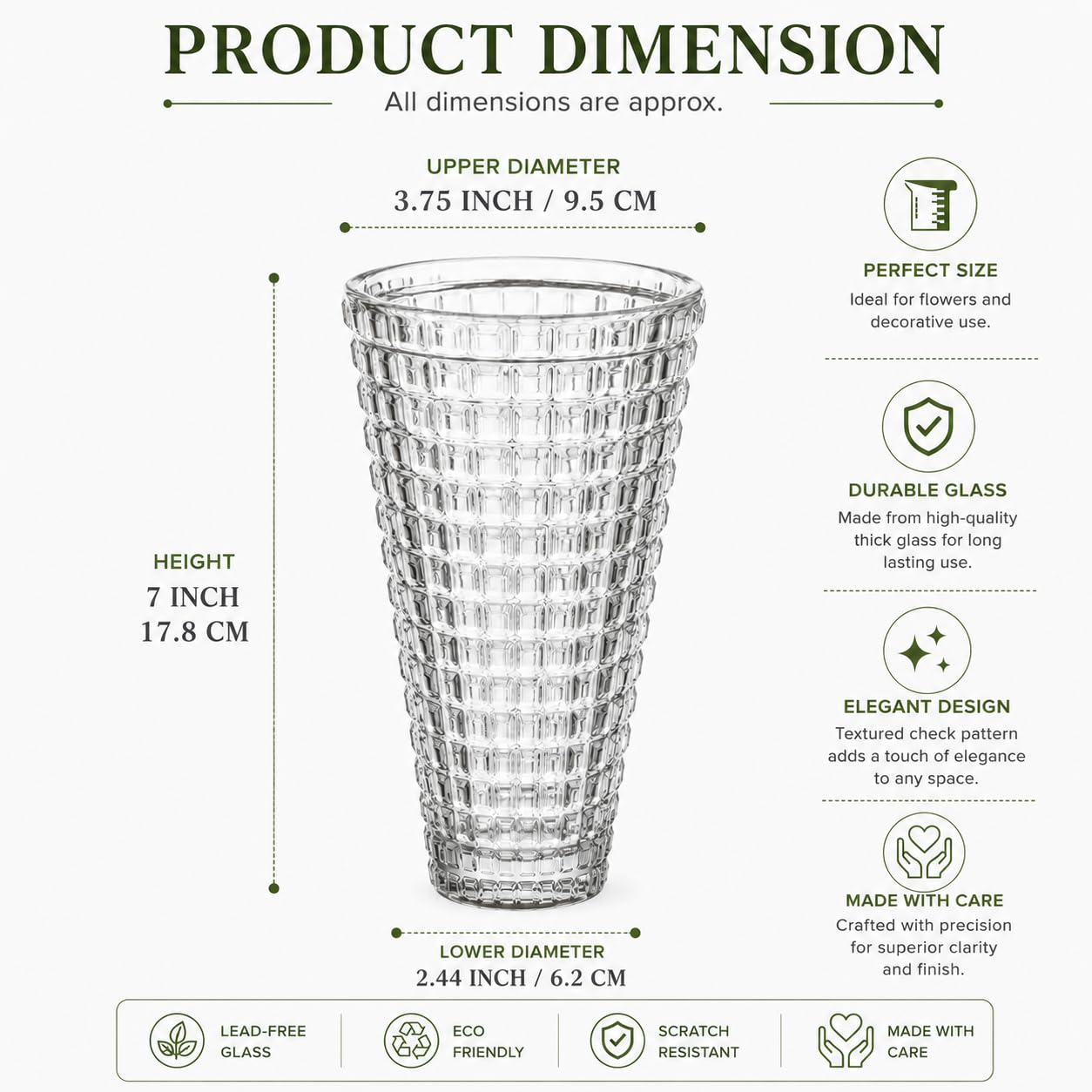 Pure Source India Premium Textured Glass Flower Vase 7 Inch Clear Decorative Vase, Modern Check Pattern Table Vase for Living Room, Dining Table, Office & Gift 1
