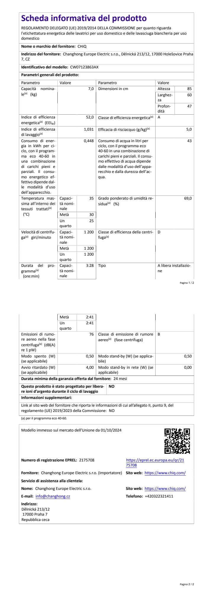 CHiQ CW07123863AX Lavatrice Slim- 7KG, Classe A, Motore BLDC 1200 RPM, Vapore e Lavaggio rapido, 15 Programmi, Design compatto (60x46,5x85cm) - Grigio moderno