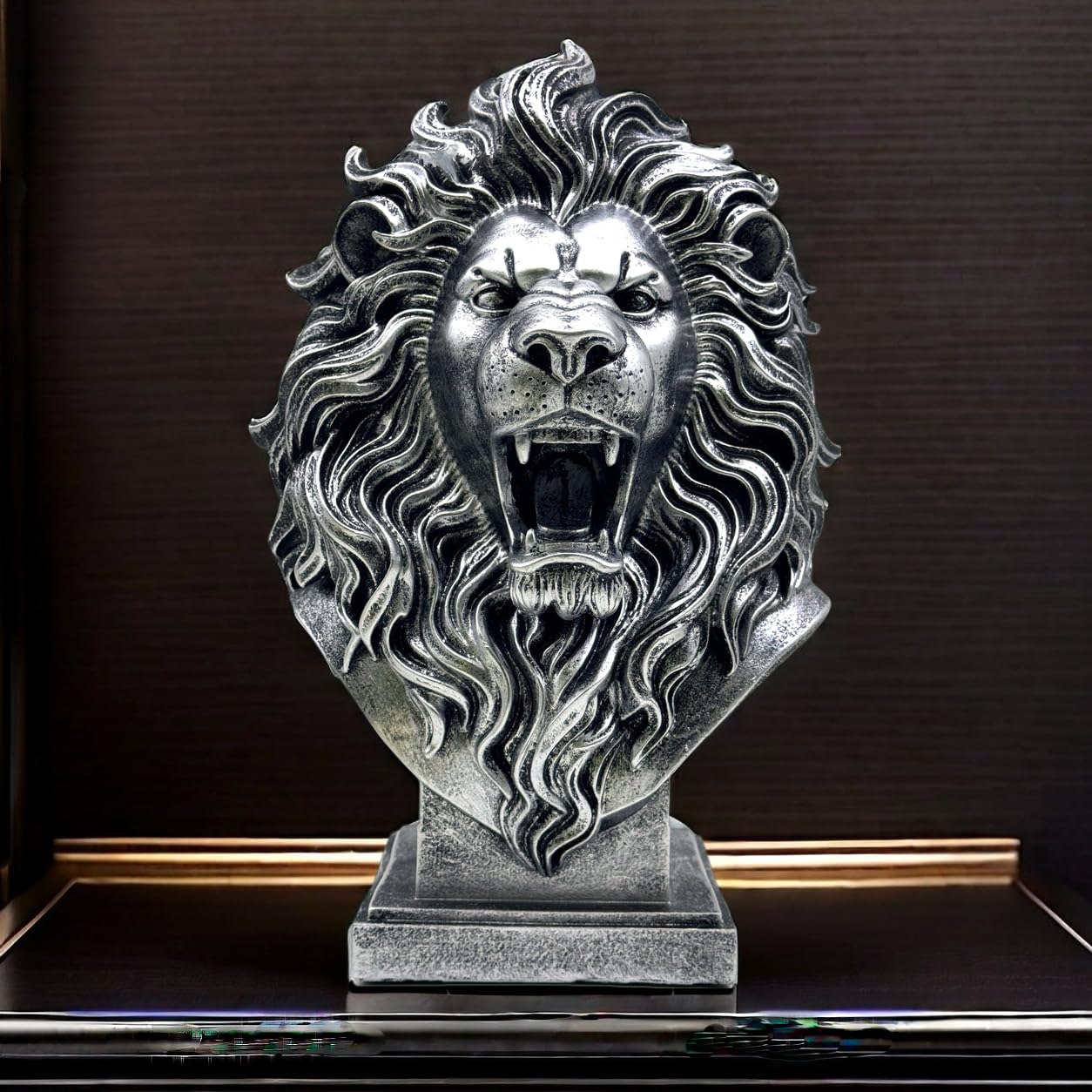 Statue de buste de lion argenté de 30,5 cm pour salon vintage