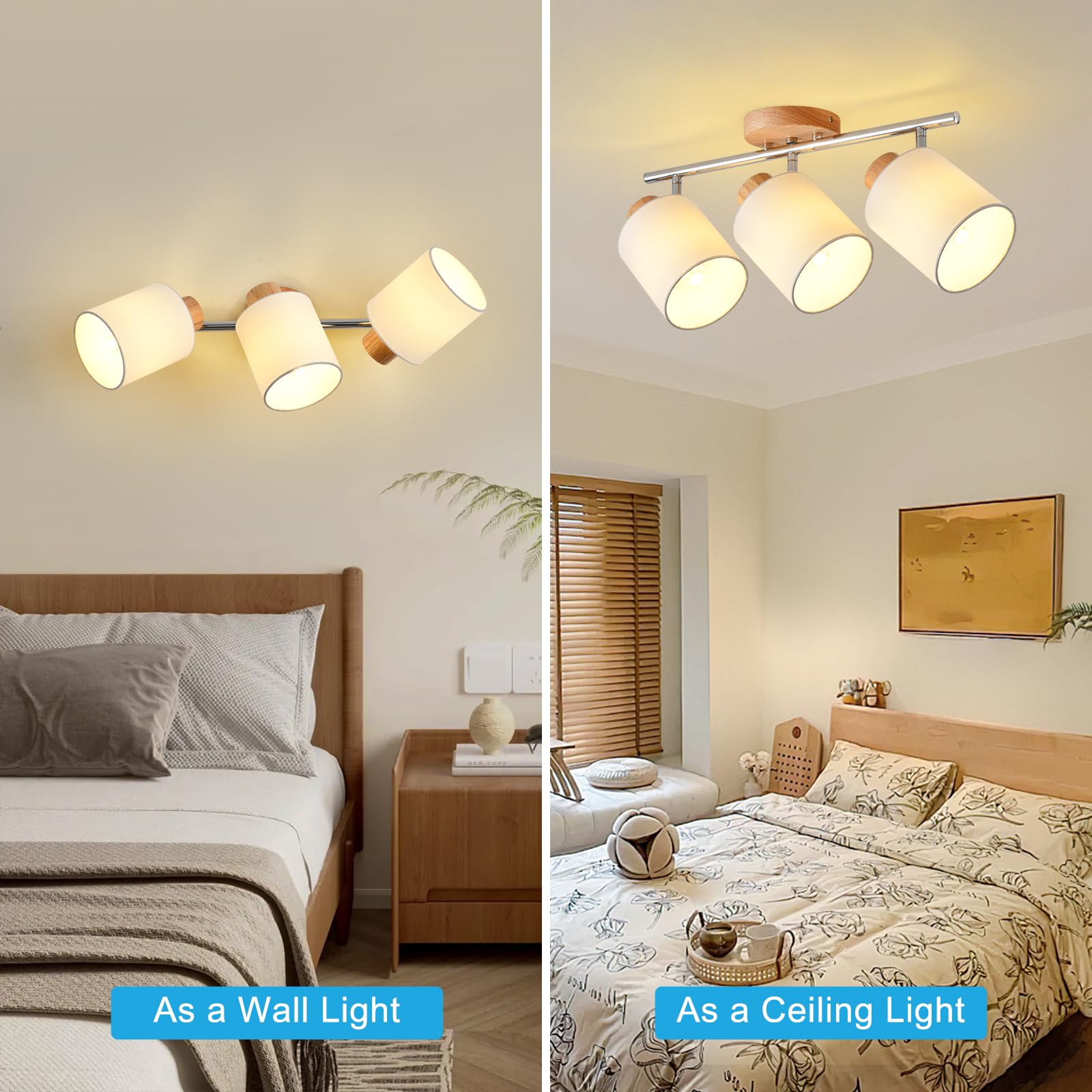 SANSHI LED Deckenlampe 3-flammig,Holz Deckenstrahler,Schwenkbar 350° | Deckenspot E14 MAX.25W Spot,Modern Wandstrahler,Lampe Decke Für Küche Schlafzimmer Flur Wohnzimmer, Ohne Leuchtmittel