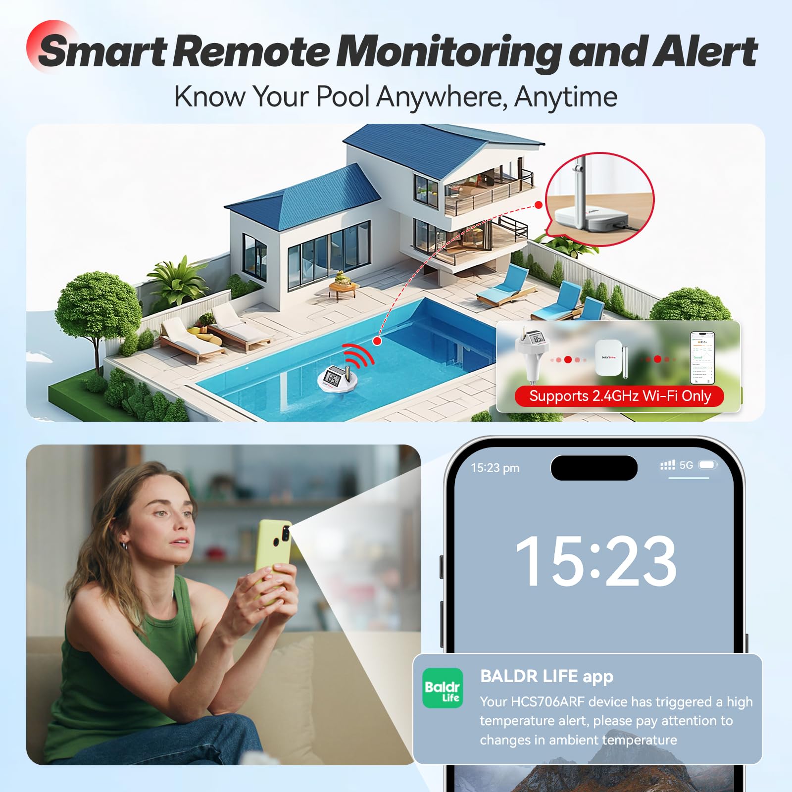 BaldrTherm Termómetro de piscina inteligente Wi-Fi, impermeable IPX8, monitor de temperatura del agua digital flotante con aplicación, fácil lectura y notificaciones de alerta para estanques, jacuzzi