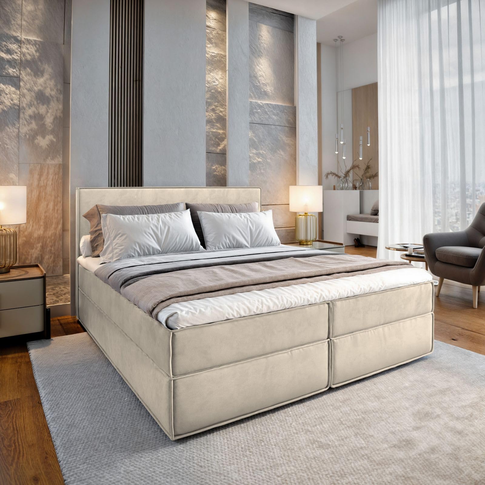 Masseno Boxspringbett PELLIO 180x200 cm Komplett-Set mit Matratze und Topper, Polsterbett mit Zwei Bettkästen -Creme, Monolith 04