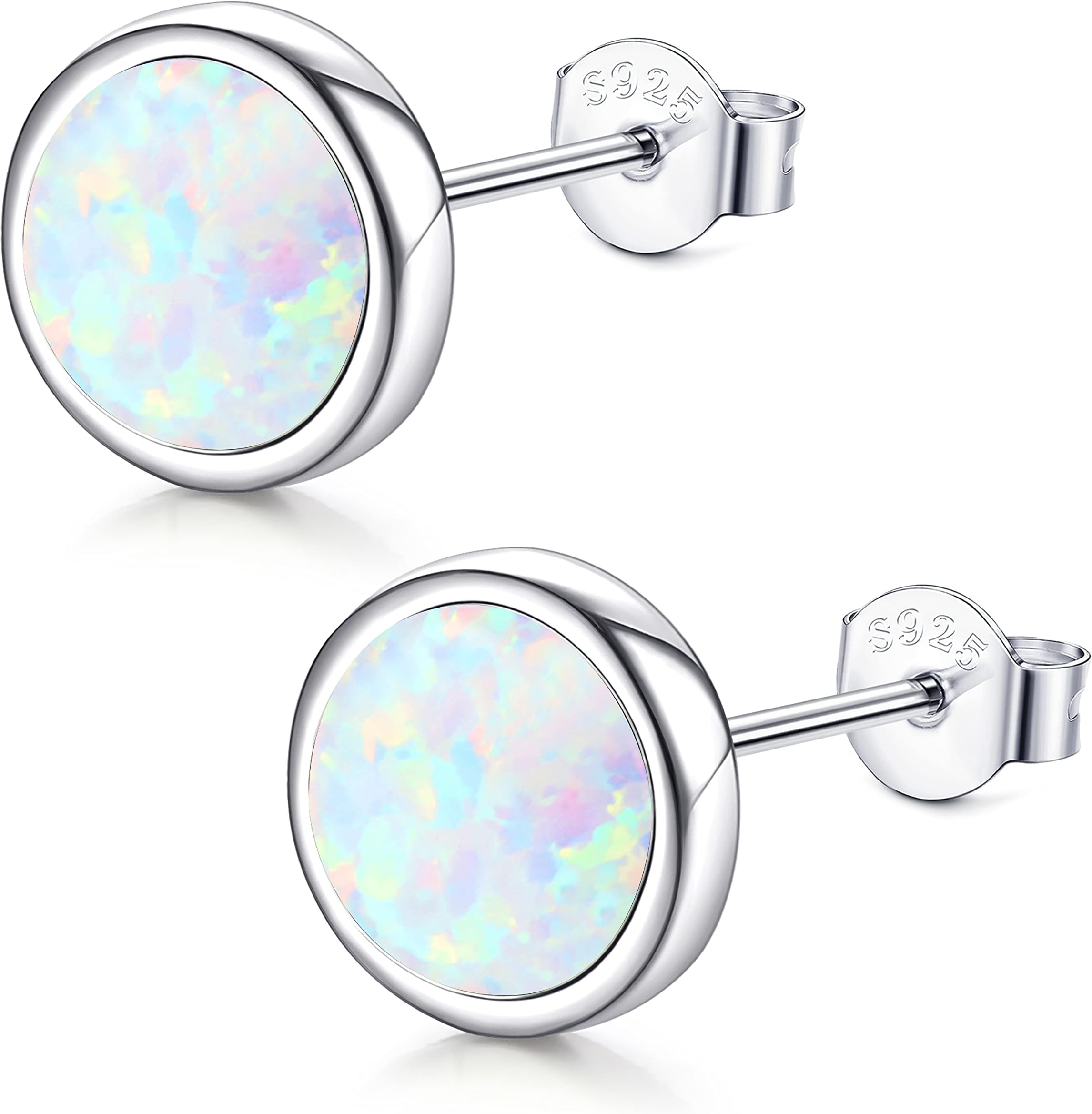 JeweBella 925 Sterling Silver Opal Earrings for Women Girls Plated 18K White Gold Hypoallergenic Opal Stud Earrings for Women Sterling Silver Opal Stud Earrings Silver Jewellery Gift 3MM/6MM/8MM