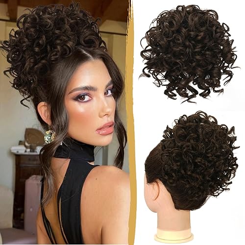 Miniatura 19 de PEACOCO Extension de Moño Despeinado Corto y Rizado con Cordones Elásticos, Piezas de Cabello Sueltas para Mujeres con Cabello Fino, Fibra Sintética