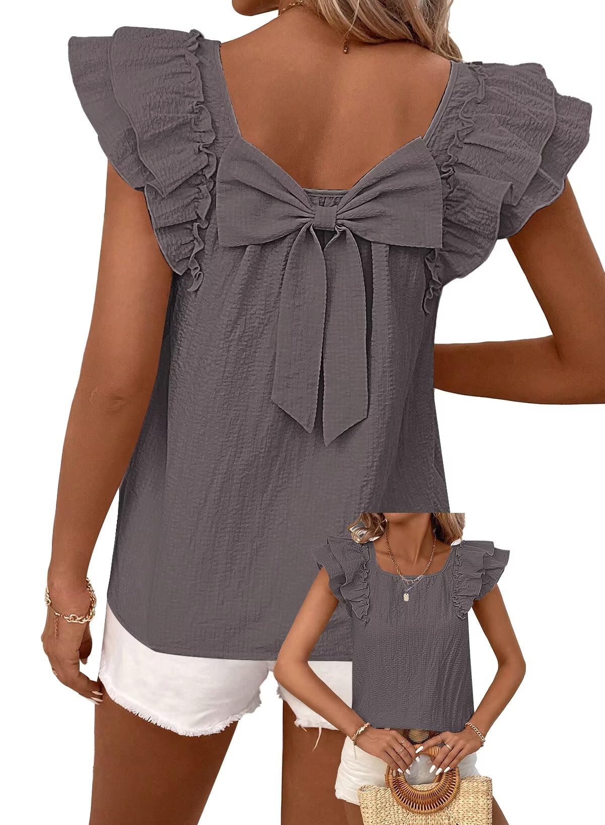 Falechay Womens Bow Tie Back Tops Babydoll Vneck Ruffle Short Sleeve Shirts