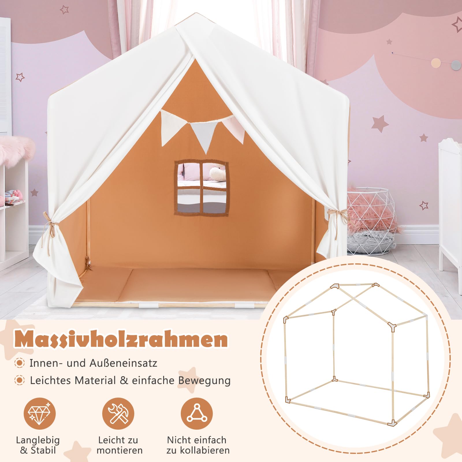 GOPLUS Kinderzelt mit Holzrahmen, Multifunktionaler Kinderspielhaus mit Fahnenbanner, großem Vorhang & 2 Fenster, Spielzelt für Jungen und Mädchen ab 3 Jahren, für Innen- & Außenbereich (Hellbraun)