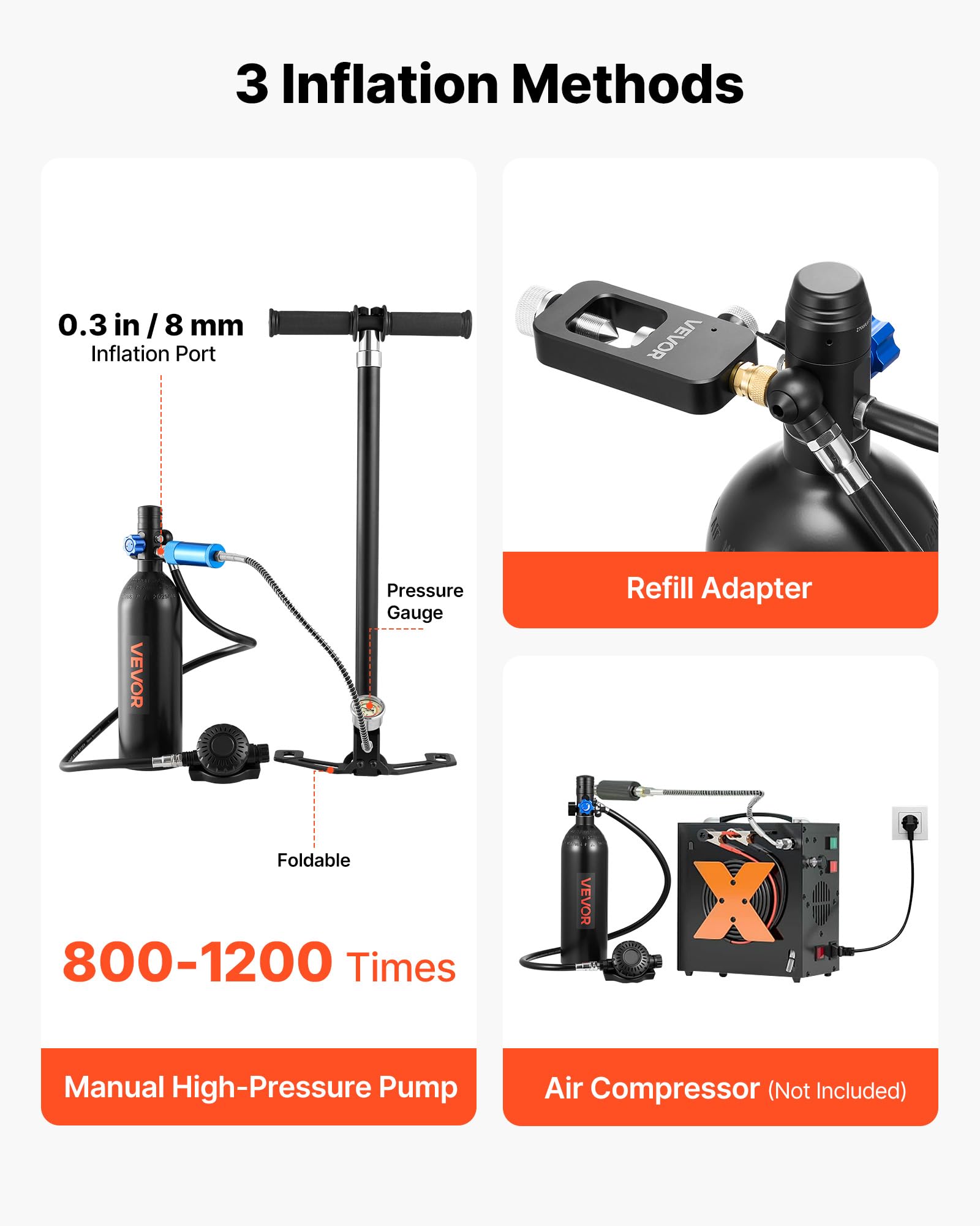VEVOR Mini Botella de Buceo de 1 L, Juego de Tanque de Buceo Portátil, Capacidad de 15 a 20 Minutos, Gafas de Snorkel Adaptador Bomba Manual Mochila y Bolsa de Transporte, para Viajes Bucear Rescate