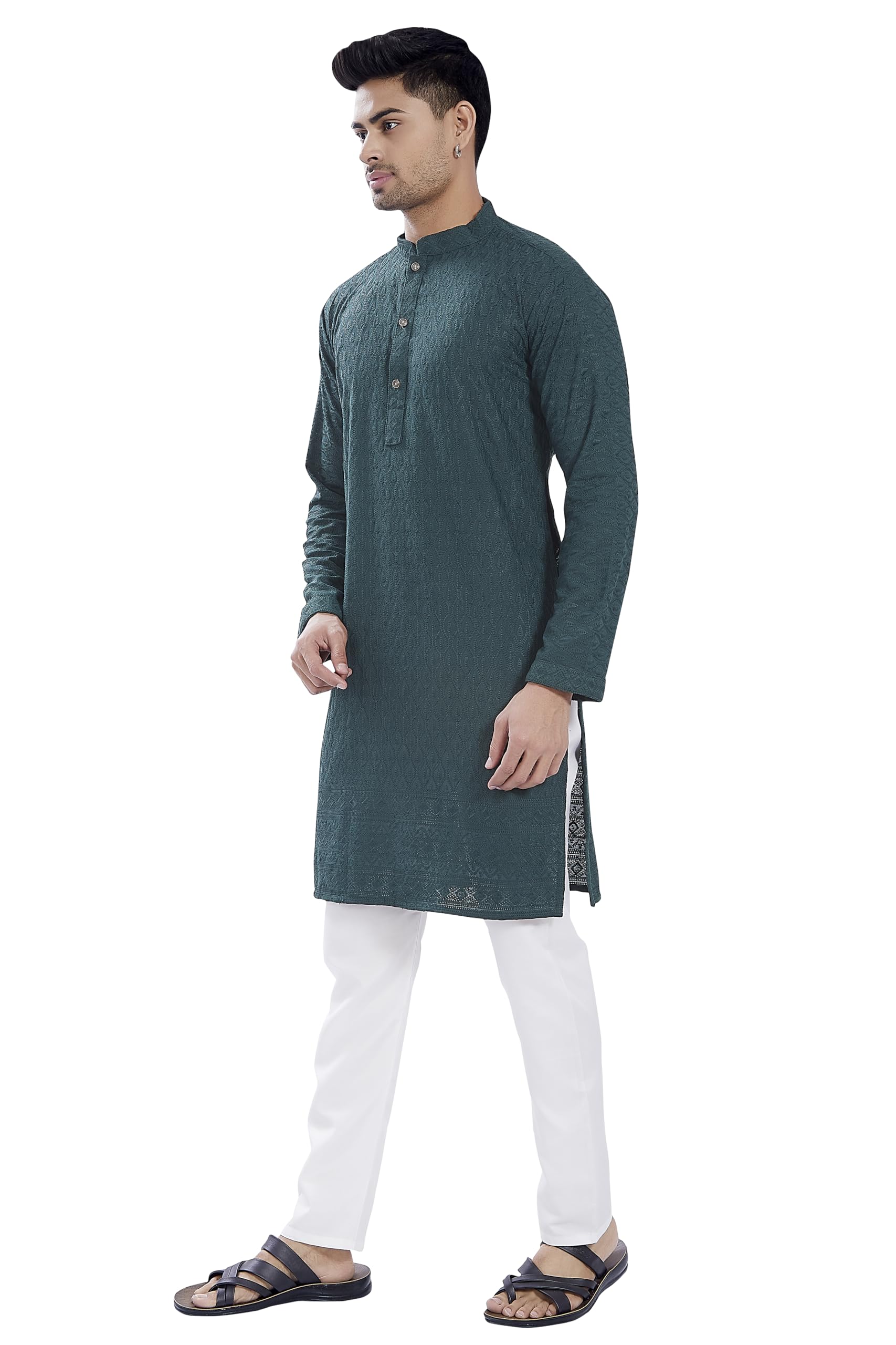 Divisive Men's Thread Embroidered Cotton Blend Only Slim Fit Kurta (Dkrt726_L_Bottle Green)