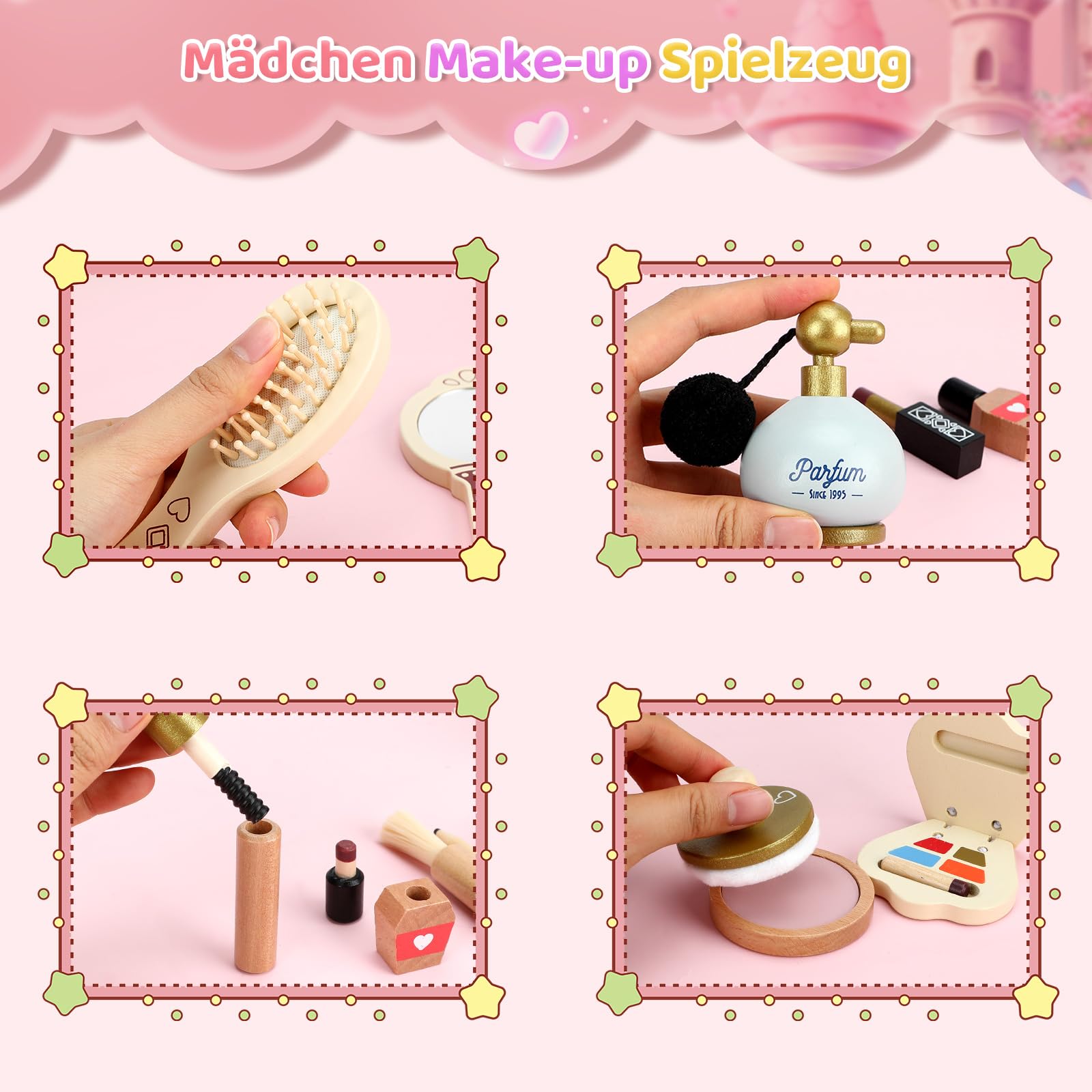 Aischens Holzschminke-Set Für Mädchen - Schminkkoffer Aus Holz Mit Zubehör, Ideal Für Rollenspiele Ab 2 Jahren