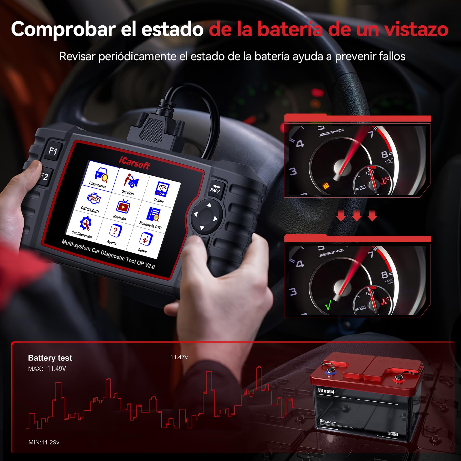 iCarsoft OP V2.0 OBD2 Máquina Diagnosis Coche para Opel/Vauxhall, Escáner de Todo el Sistema, Detector Fallos Coche con 9 Funciones Reinicio, Prueba de Batería, Actualización de por Vida