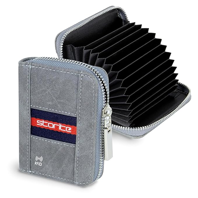 Storite 12 Slot RFID PU Leather Credit Debit Card Holder BlueStrip Wallet Zipper Coin Purse for Men & Women - (Grey, 10.5 x 7.5 x 2 cm)