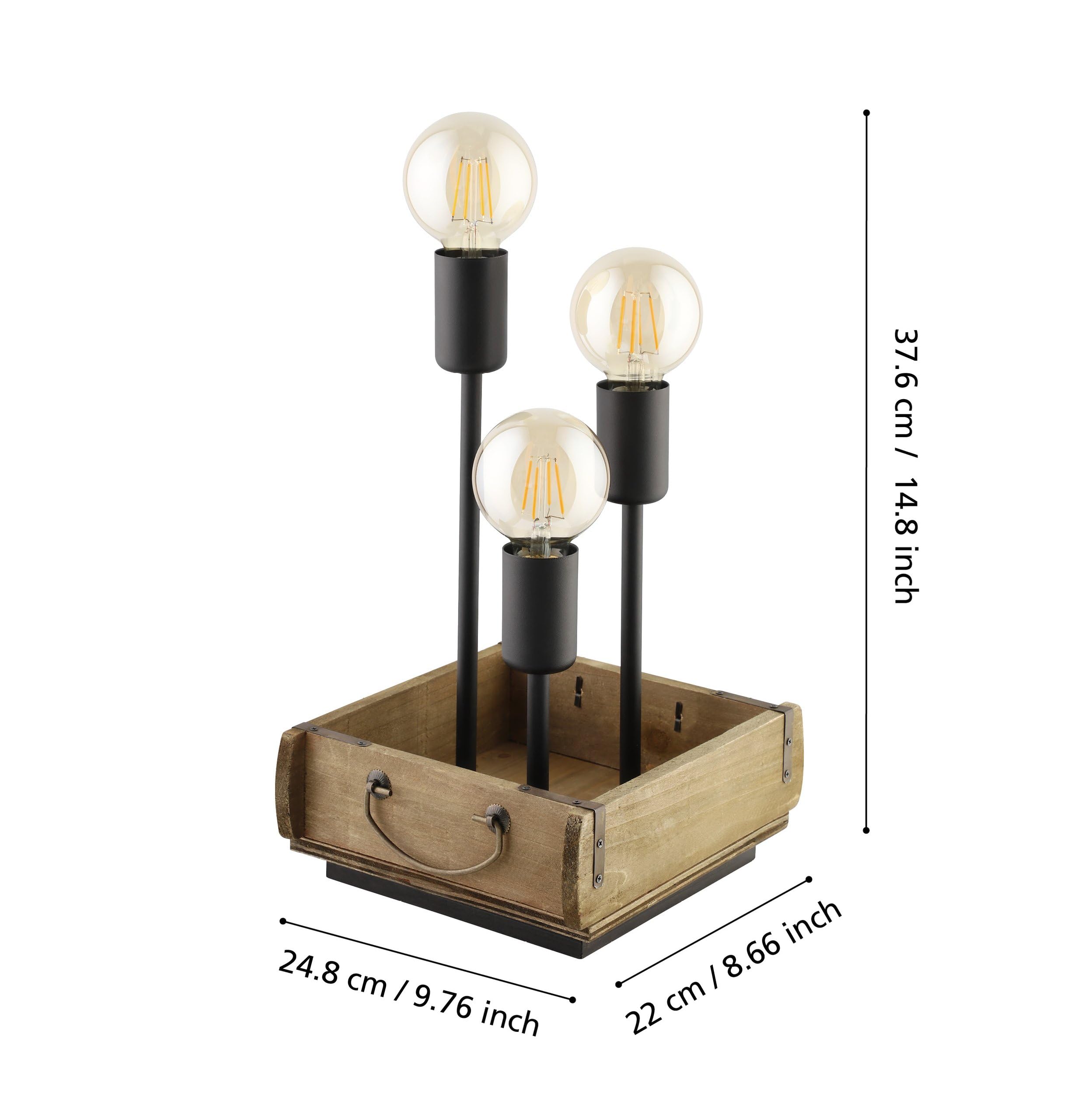EGLO Tischlampe Wootton, 3 flammige Tischleuchte Vintage | Nachttischlampe aus Holz in Braun und Metall in Schwarz, Wohnzimmerlampe, Lampe mit Schalter, E27