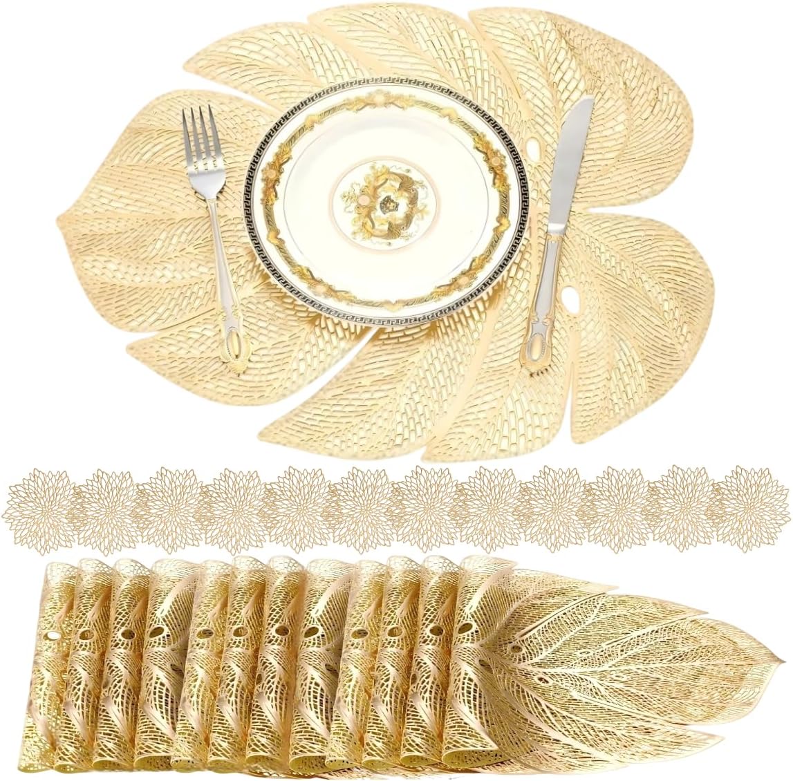 24 Pack Gold Placemats & Coasters, 12 Pcs Gold Leaf Vinyl Placemats with Round BulksTable Mats, Leaves Chargers Dining Table Settings for Christmas,Thanksgiving,Wedding Table Decoration