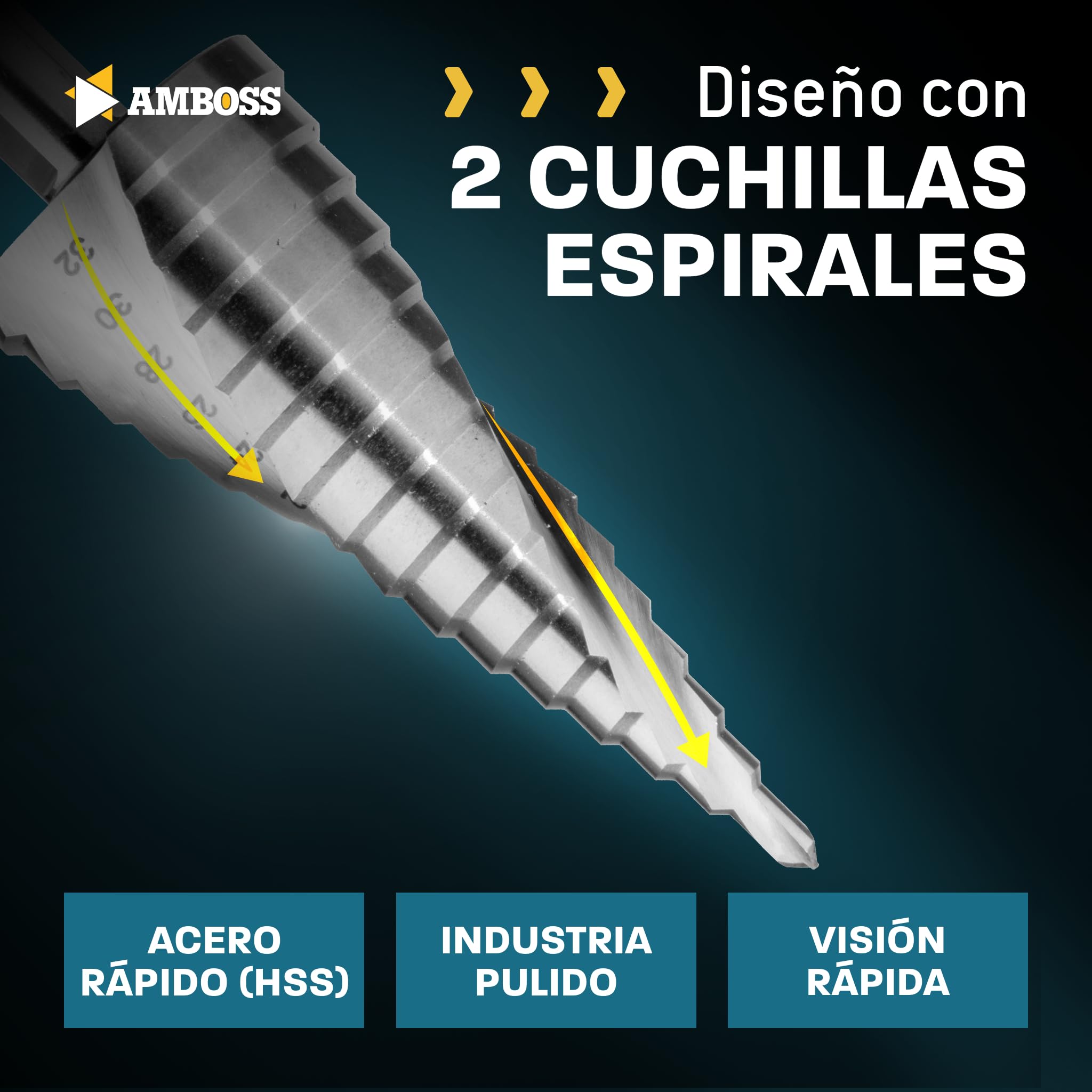 Juego de fresas escalonadas Ø 4-12 + 4-20 + 4-32 mm/taladro cónico / eje de 10 mm / 3 piezas Juego de brocas profesionales HSS/Amboss PowerStep 2 / adecuado para perforar acero, aluminio