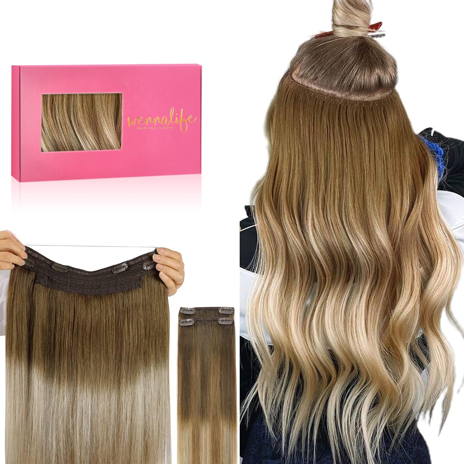 WENNALIFE Wire Hair Extensions (Increase 50% Lifespan) Real Human Hair 18 inch 125g Ombre Walnut Brown to Ash Brown Bleach Blonde Remy Real Hair