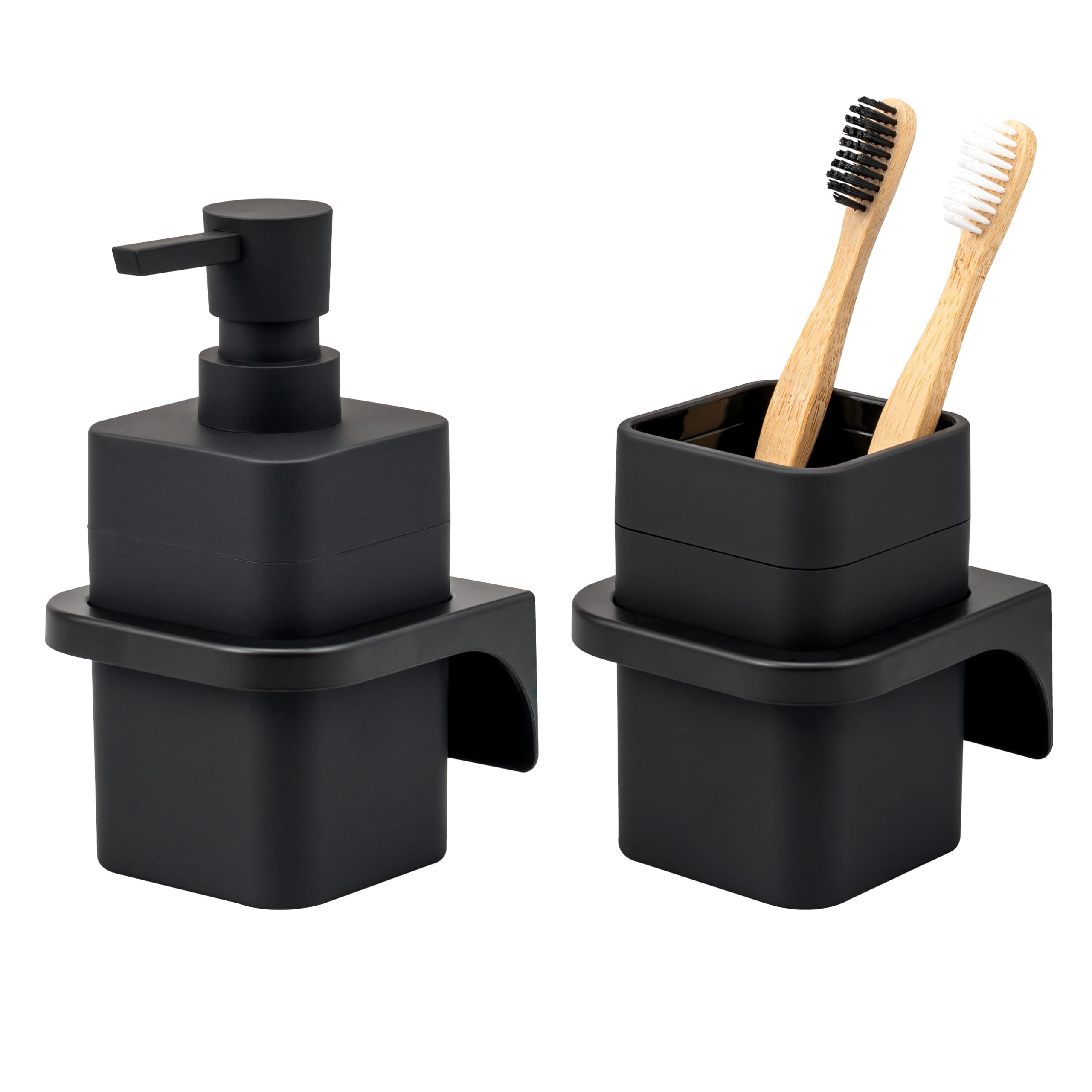 bremermann Badezimmer-Set Savona mit Soft-Touch Oberfläche inkl. Wandhalterung, eckiges Bad-Accessoires Set 2tlg. bestehend aus 1x Seifenspender und 1x Becher aus Kunststoff (Schwarz)