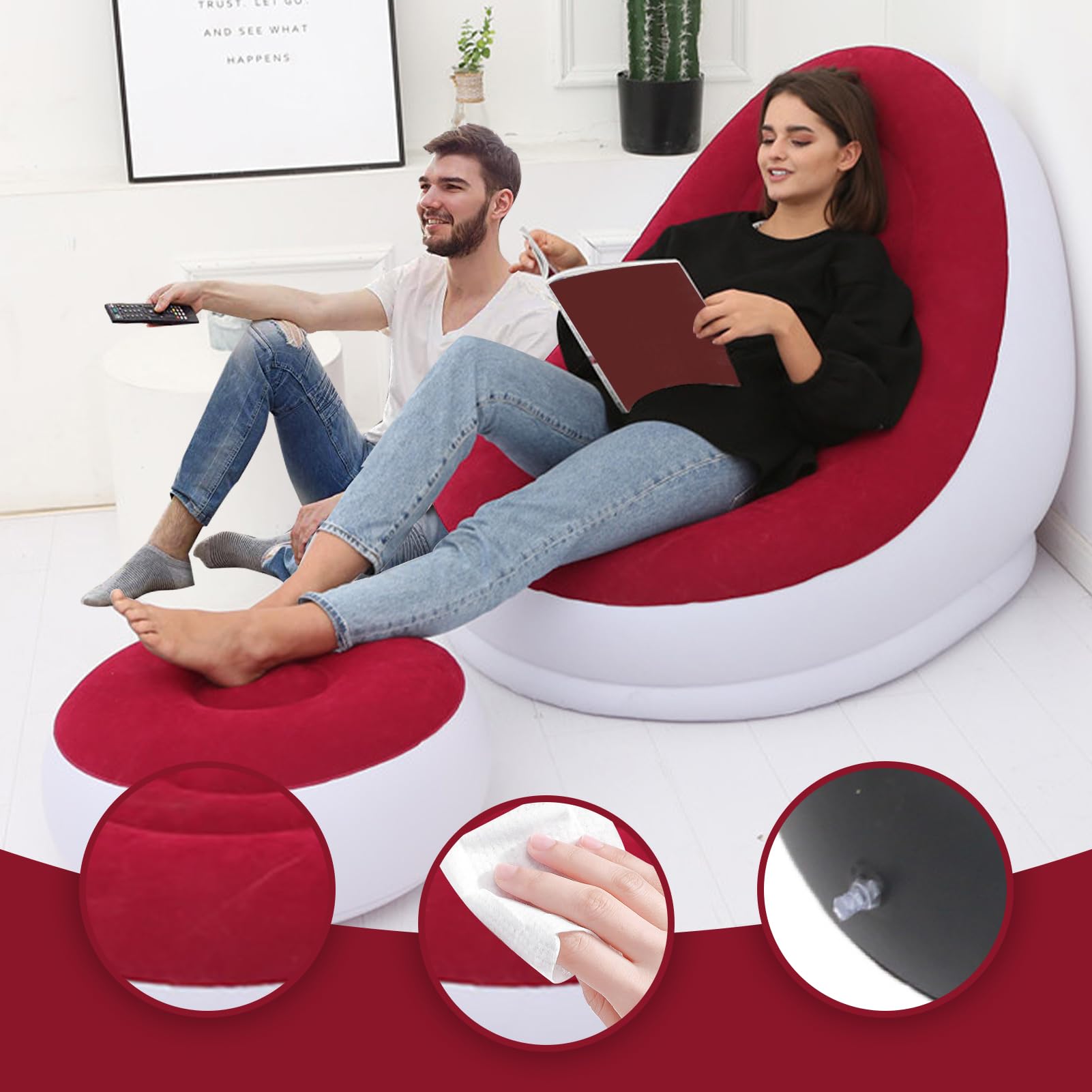Chaise Gonflable Gonflable, Chaise Longue Gonflable avec Pouf pour Le Camping, Les Jeux, la Pause déjeuner, la fête dans Le Jardin, Profitez d'un Bain de Soleil (Rouge)