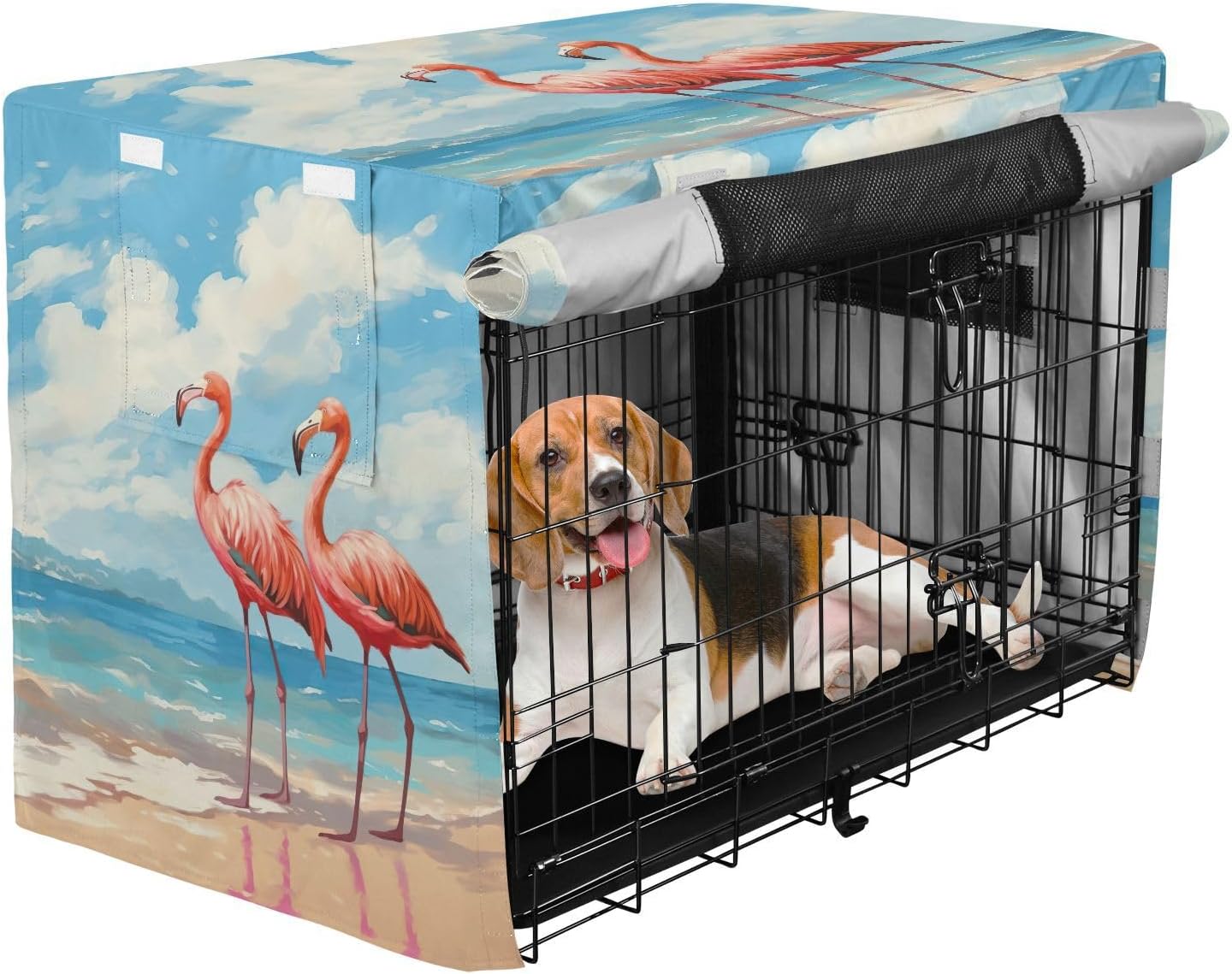 Pink Flamingos Beach Dog Crate Cover Roll-up Sides, Crate Cover for Pet Owners, X-Large