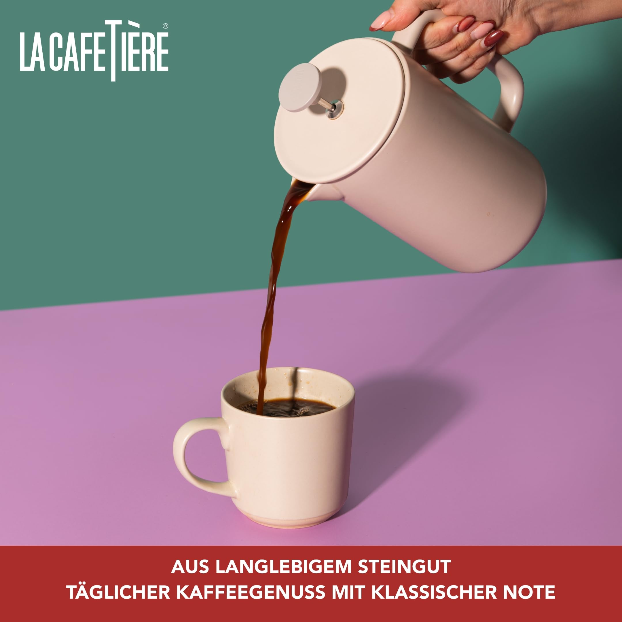 La Cafetière Arezzo 8 Tassen 1L Steinzeug-Cafetière, hitzebeständige French Press mit griffigem Stempel, Latte