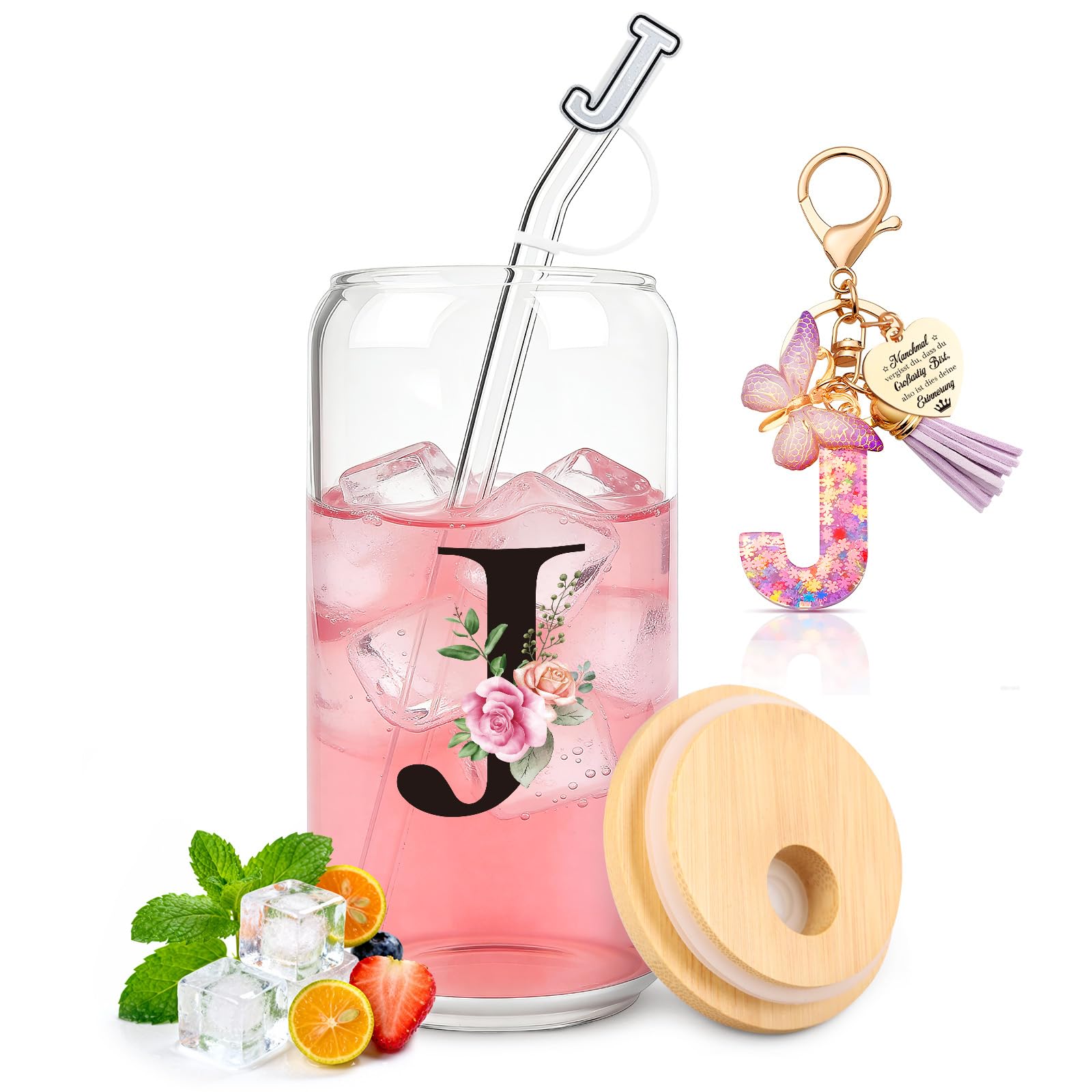 TUZELIYA J Personalisierte Geschenke mit Buchstaben – Glasbecher mit Deckel & Strohhalm + Schlüsselanhänger Buchstabe, Geschenk für Frauen & Mädchen, Geburtstag, Valentinstag & Weihnachten