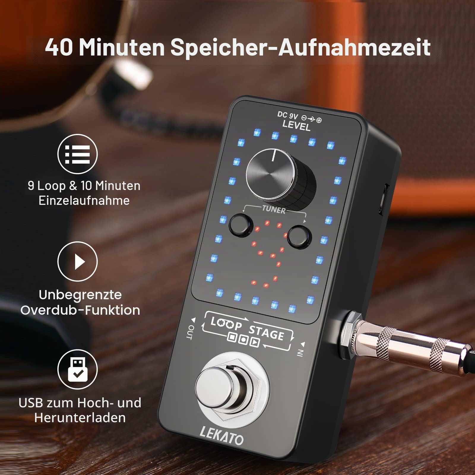 LEKATO Gitarren-Looper Effektpedalschlaufe, 9 Loops, Station mit USB-Kabel für E-Gitarre, Bassgitarre Loop Machine guitar Effect Pedal