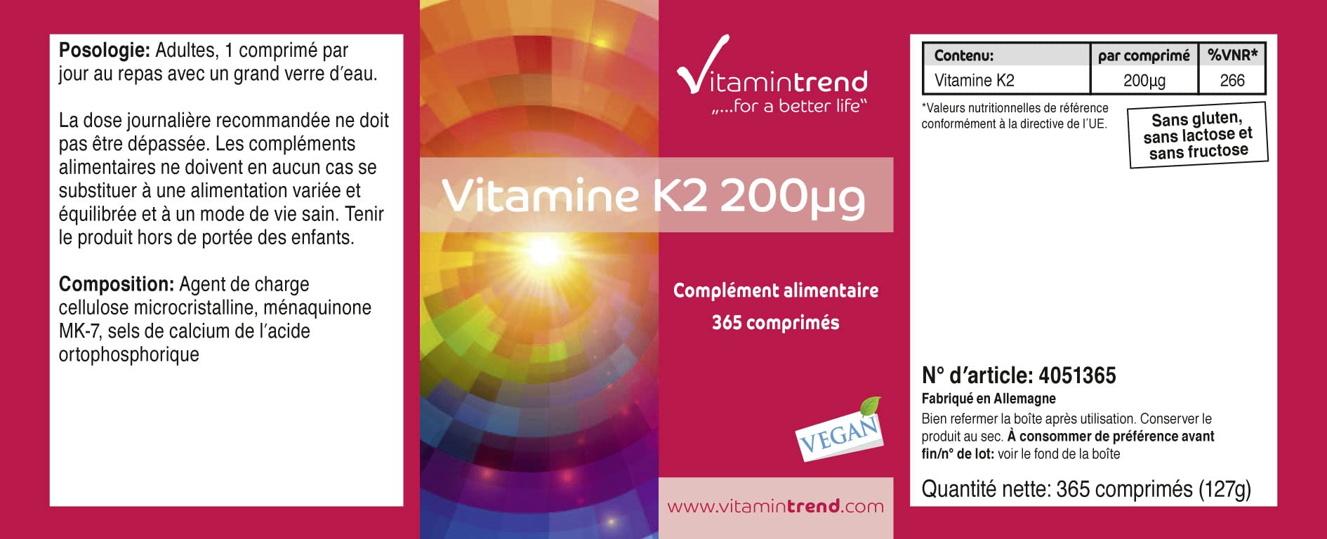 Vitamintrend Vitamine K2 200 µg, 365 comprimés, facile à avaler, complément alimentaire végan sans stéarate de magnésium, fabriqué en Allemagne