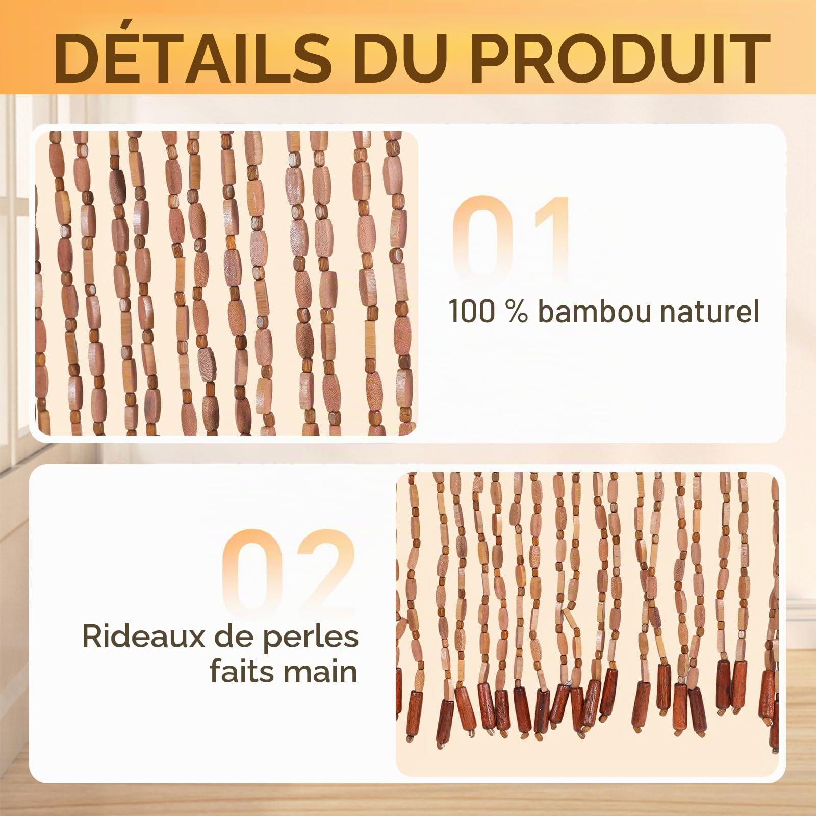Rideau de porte en perles de balcon, 90 x 200 cm, style bambou, avec 52 brins, moustiquaire en perles en bois, pour balcon, chambre à coucher, camping, rideau de porte décoratif fabriqué à la