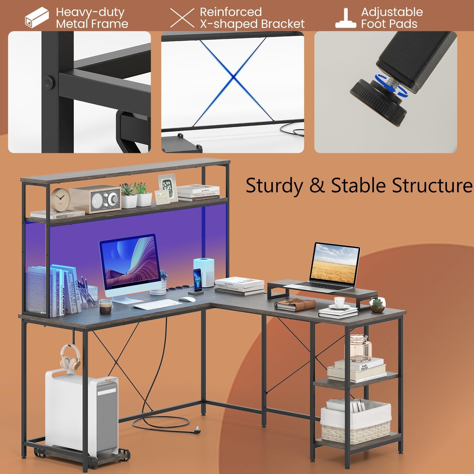 LIFEZEAL Scrivania Ufficio A Forma Di L Con Multipresa, Stazione Di Ricarica Scrivania Angolare Porta 2 3 Computer Cpu Postazione Di Lavoro Telaio In Metallo Max 150kg 168x125x745cm Nero