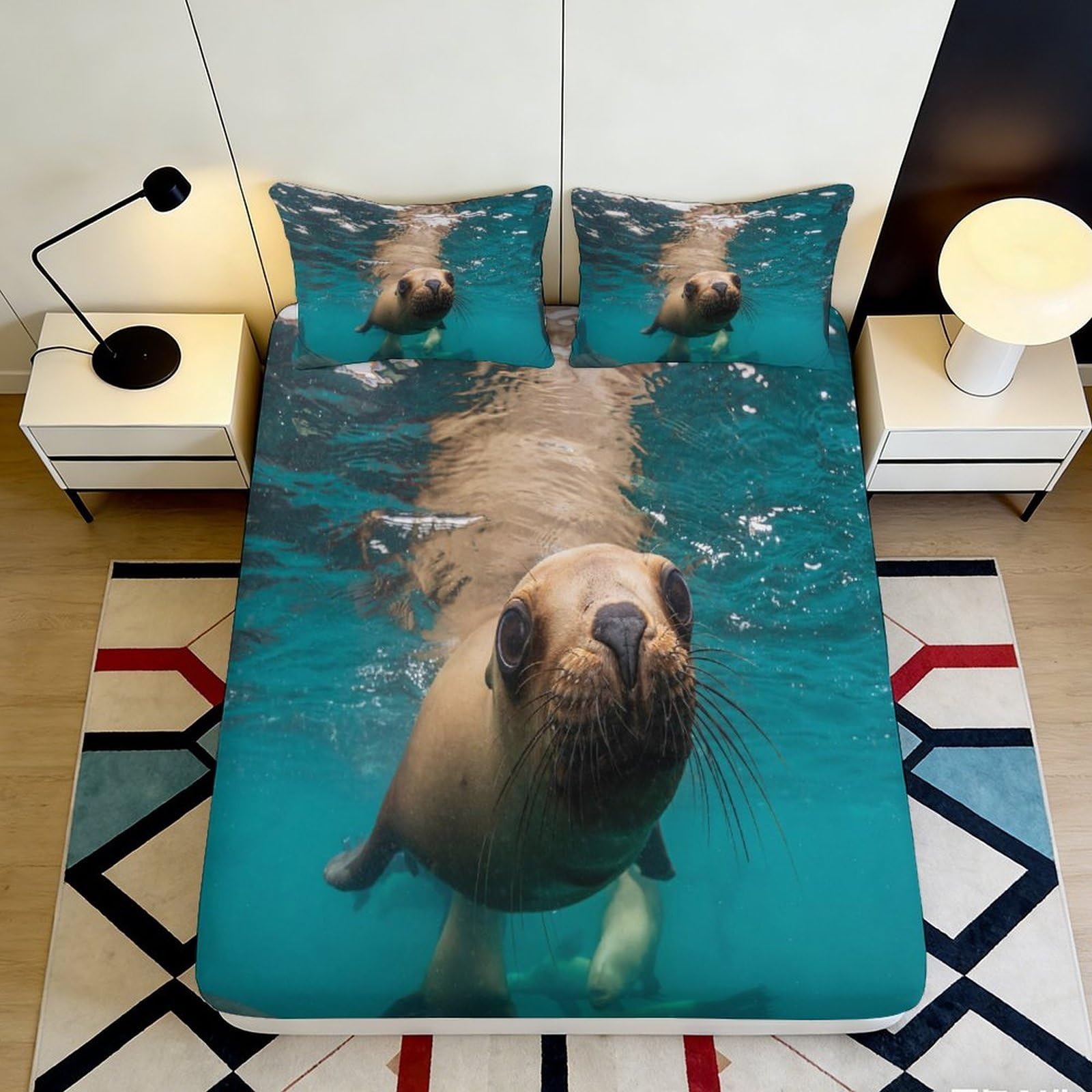 3D Printed Sea Lion Fitted Sheet Microfiber Aqua Ocean Mattress Cover for Bedroom Decor Dorm Room Protection 90x200x25cm