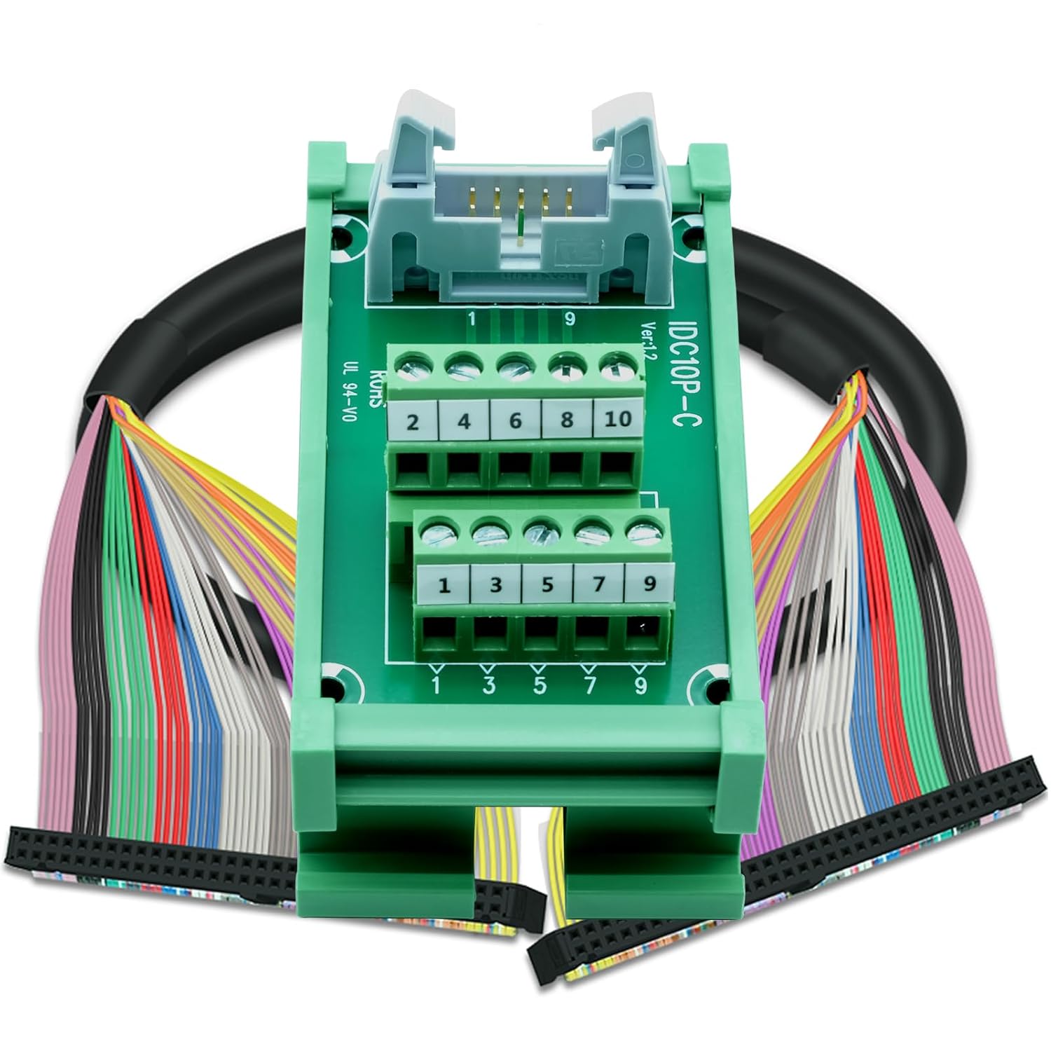 IDC10 2x5 10Pins 0.1" FRC Connector Interface Module DIN Rail Mount Male Header Terminal Block Breakout Board for PLC MCU Flat Ribbon Cable (IDC10 2x5Pin)