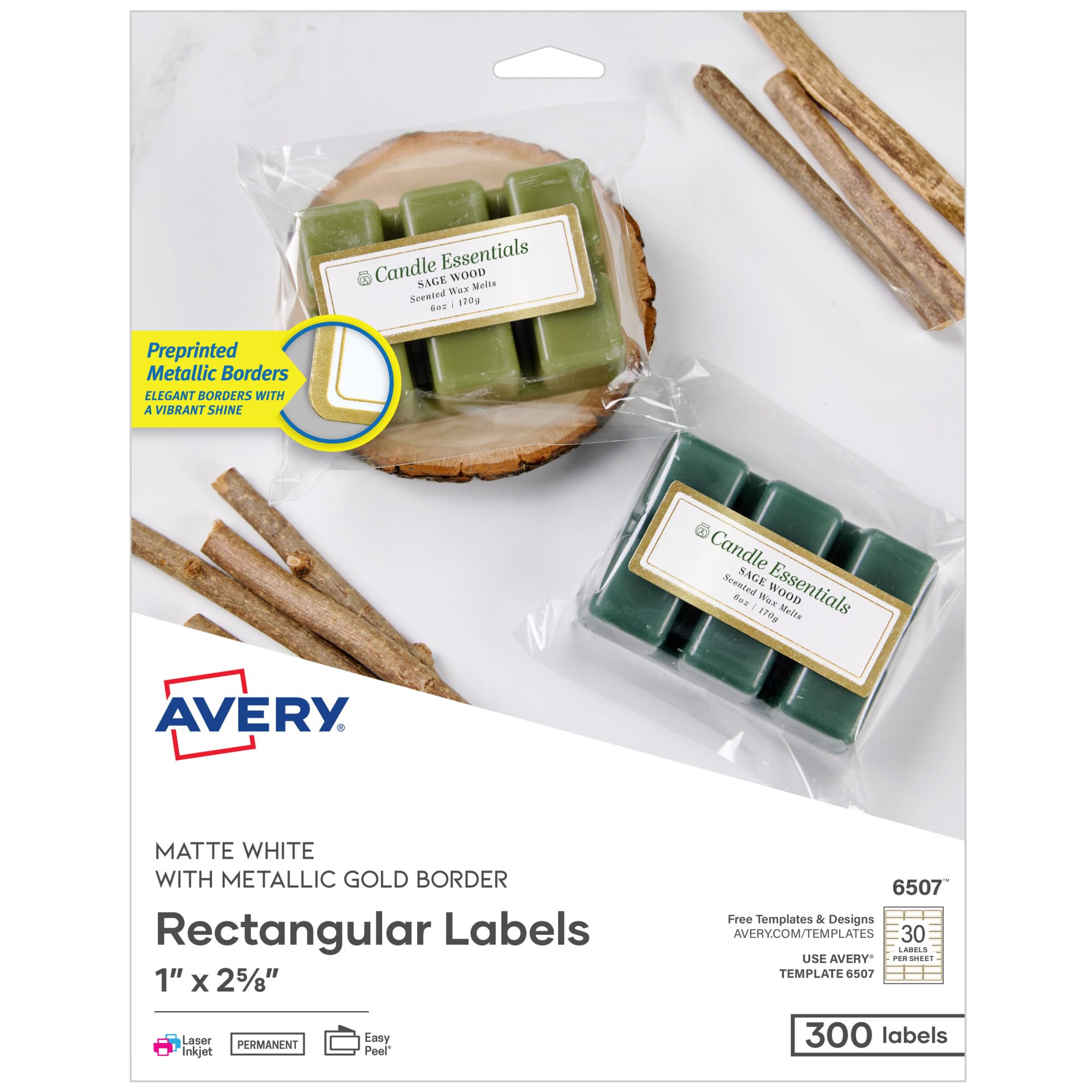 Avery Printable Address Labels, 1" x 2-5/8", Matte White with Metallic Gold Borders, Permanent, Laser & Inkjet Compatible, 300 Blank Mailing Labels,