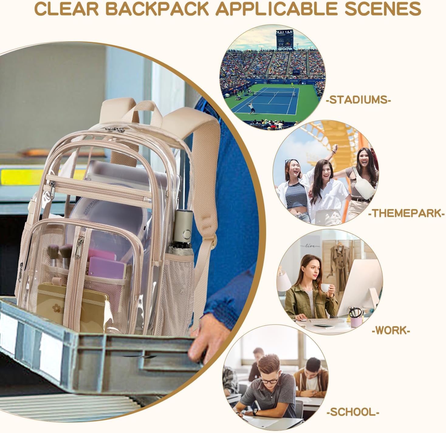 Cusangel XL TPU Clear Backpack Heavy Duty for Stadiums,18in School Bookbag Teens 15+ boys Girls and Adults Multi-Pocket Design & Reinforced Stitching(Gold-18inch)