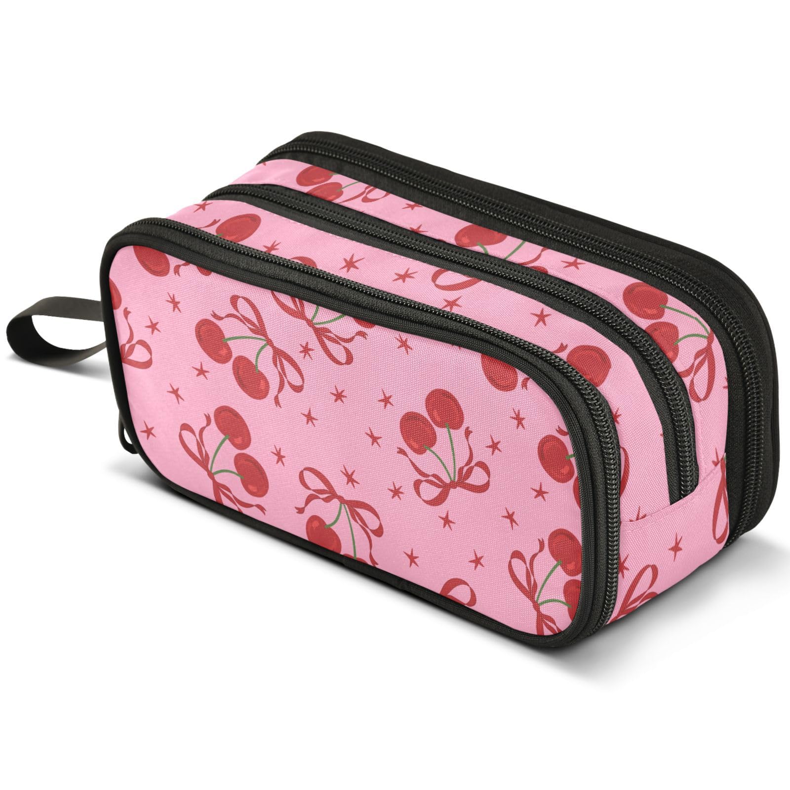 Mnsruu Cherry Ribbons Bow Pencil Case Large Capacity Pen Pouch Pencil Bag with 3 Compartments Pen Holder Organizer Stationery Bag