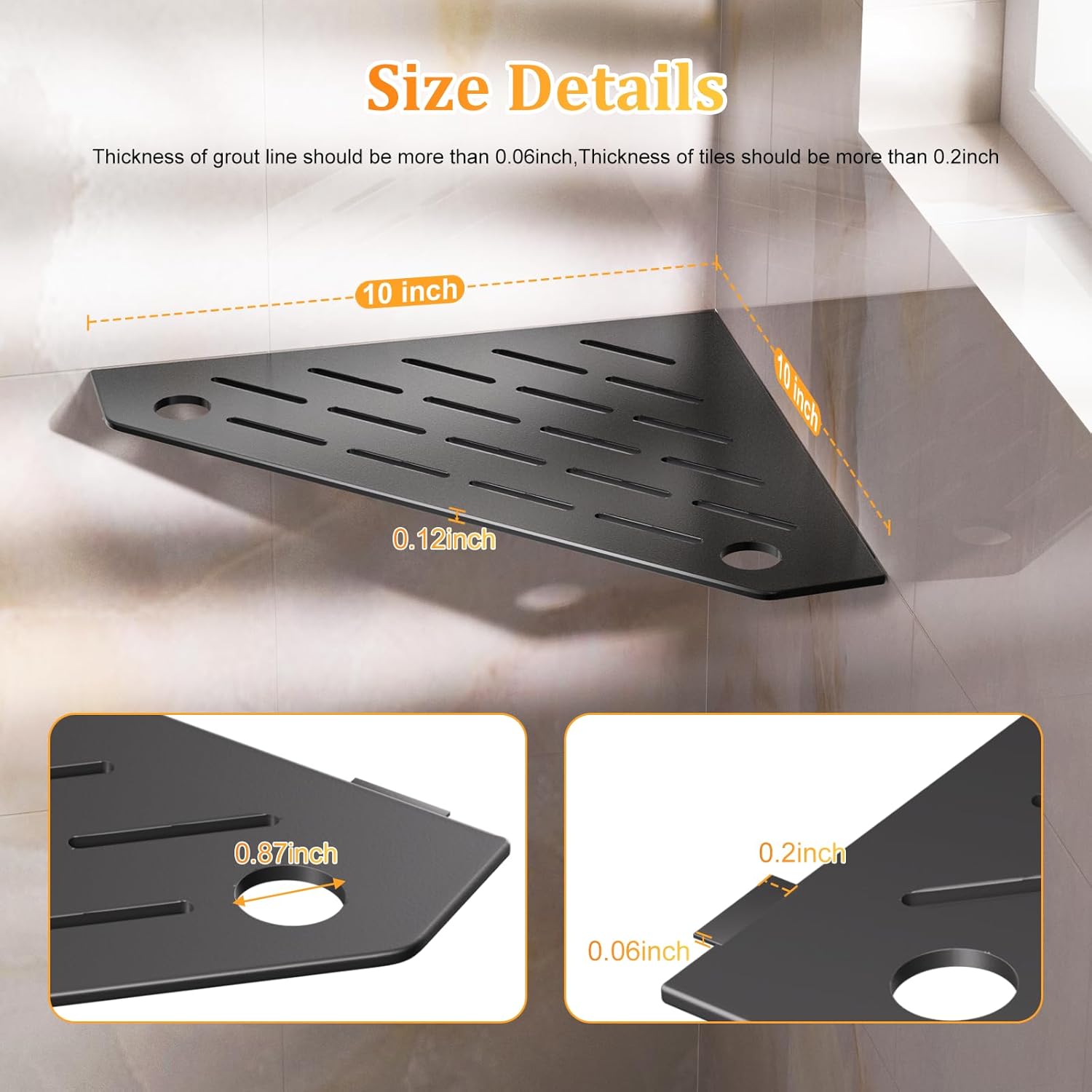 10" Corner Shower Shelves with Razor Holder, Rustproof Stainless Steel Shower Corner Shelf, Grout in Bathroom Shower Shelf Corner for 90°Tile Wall 2-Pcs(Black)